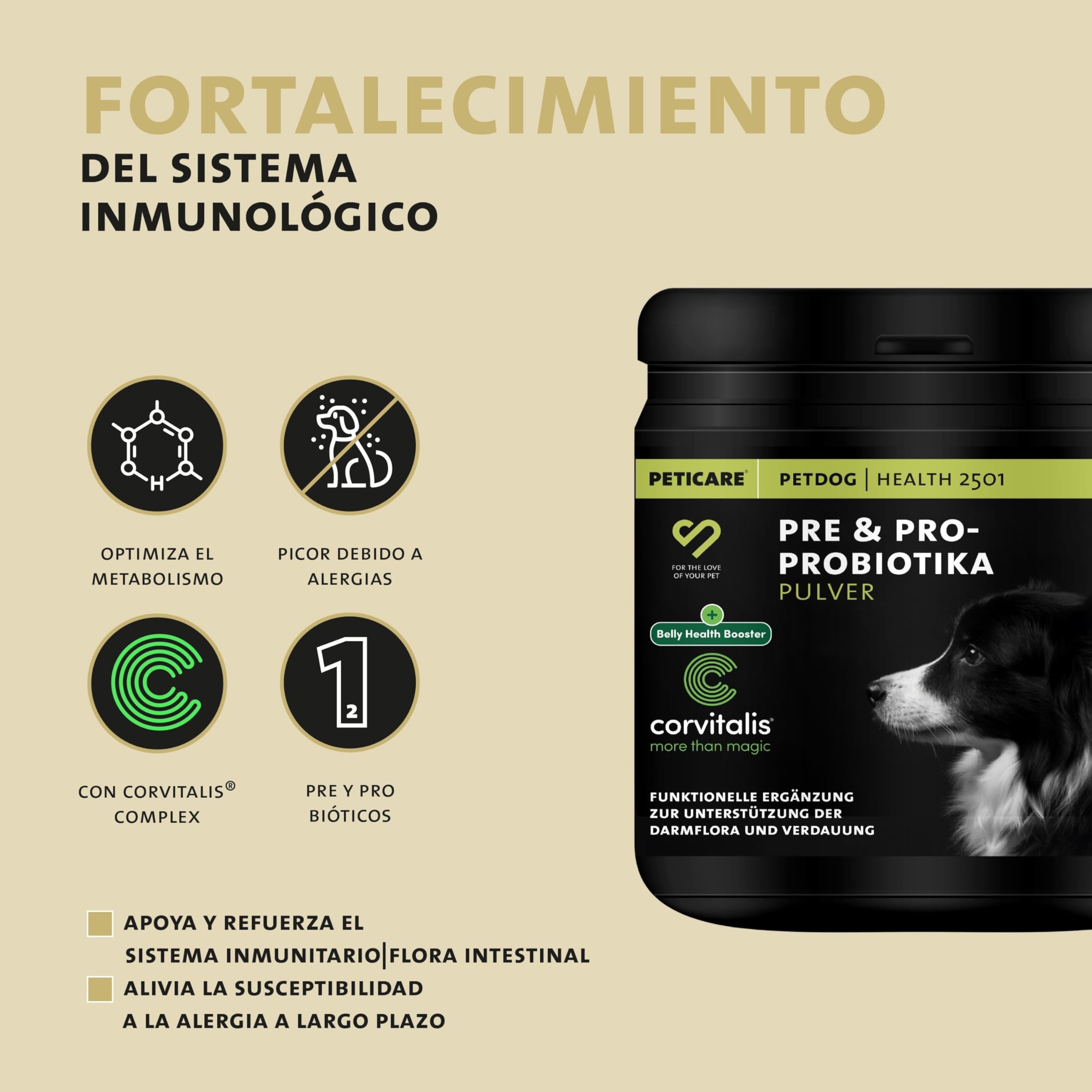 Peticare Perros Prebiótico y Probiótico - Fortalecer Sistema Inmunológico, Restauración Tripas, Construir Flora Intestinal, Alivia Susceptibilidad Alergias y Picores - petDog Health 2501