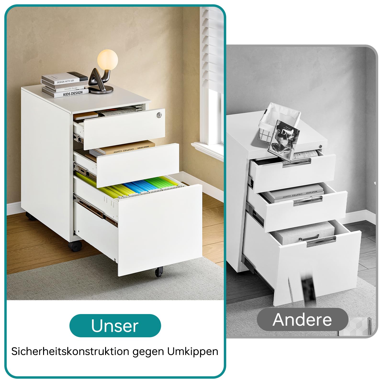 Sightlife Metal Caisson de Rangement Mobile Caisson de Bureau à 3 Tiroirs Meuble à dossiers Bureau Placard de Rangement Mobile Rangement Document à roulettes 39 x 50 x 60 cm Blanc