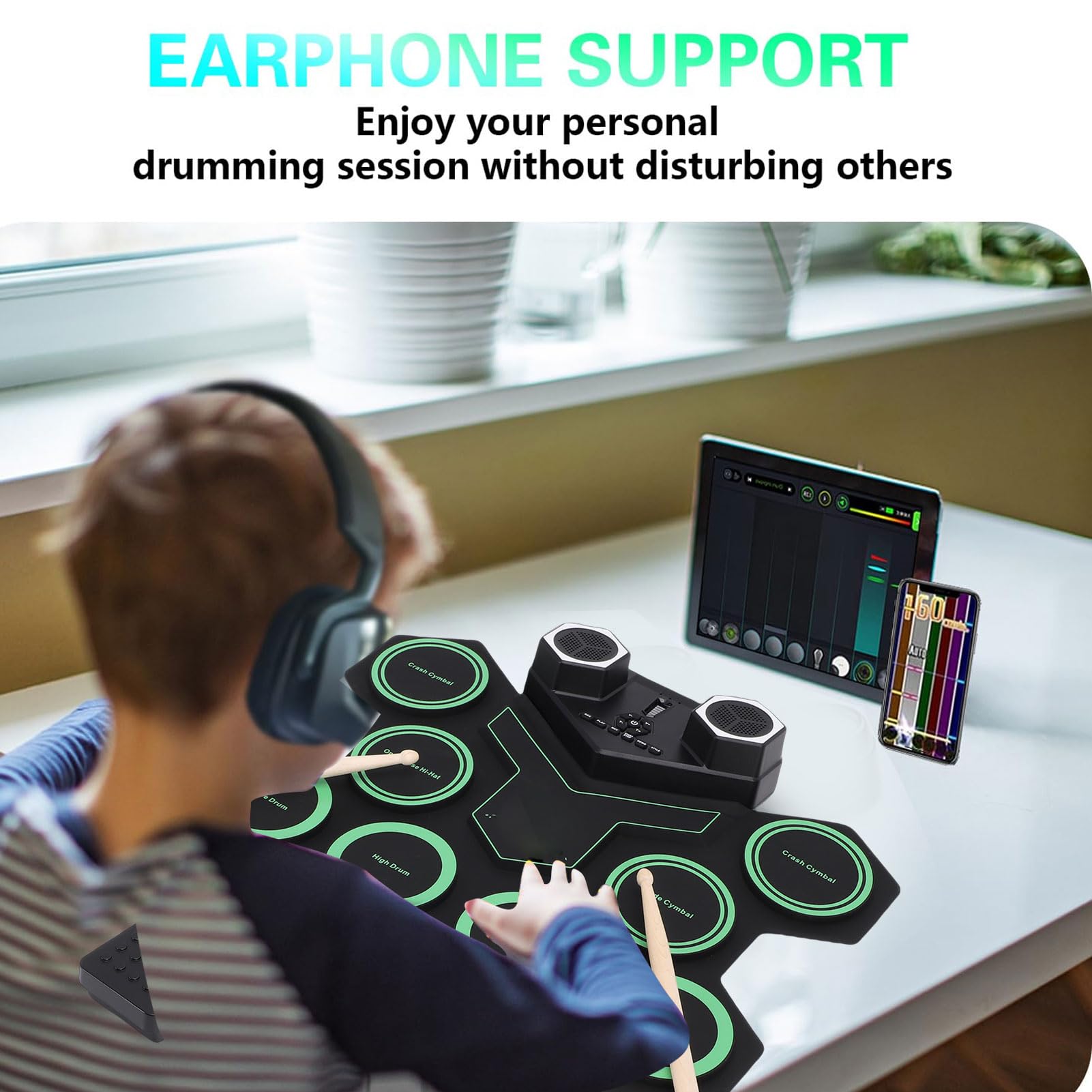 Bluetooth-E-Drum-Pad, Roll-Up-Drum-Set mit Demo-Song, Rhythmussteuerung, LED-Leuchten, Integrierte Dual-Lautsprecher, Ideal für Anfänger und Professionelle Schlagzeuger