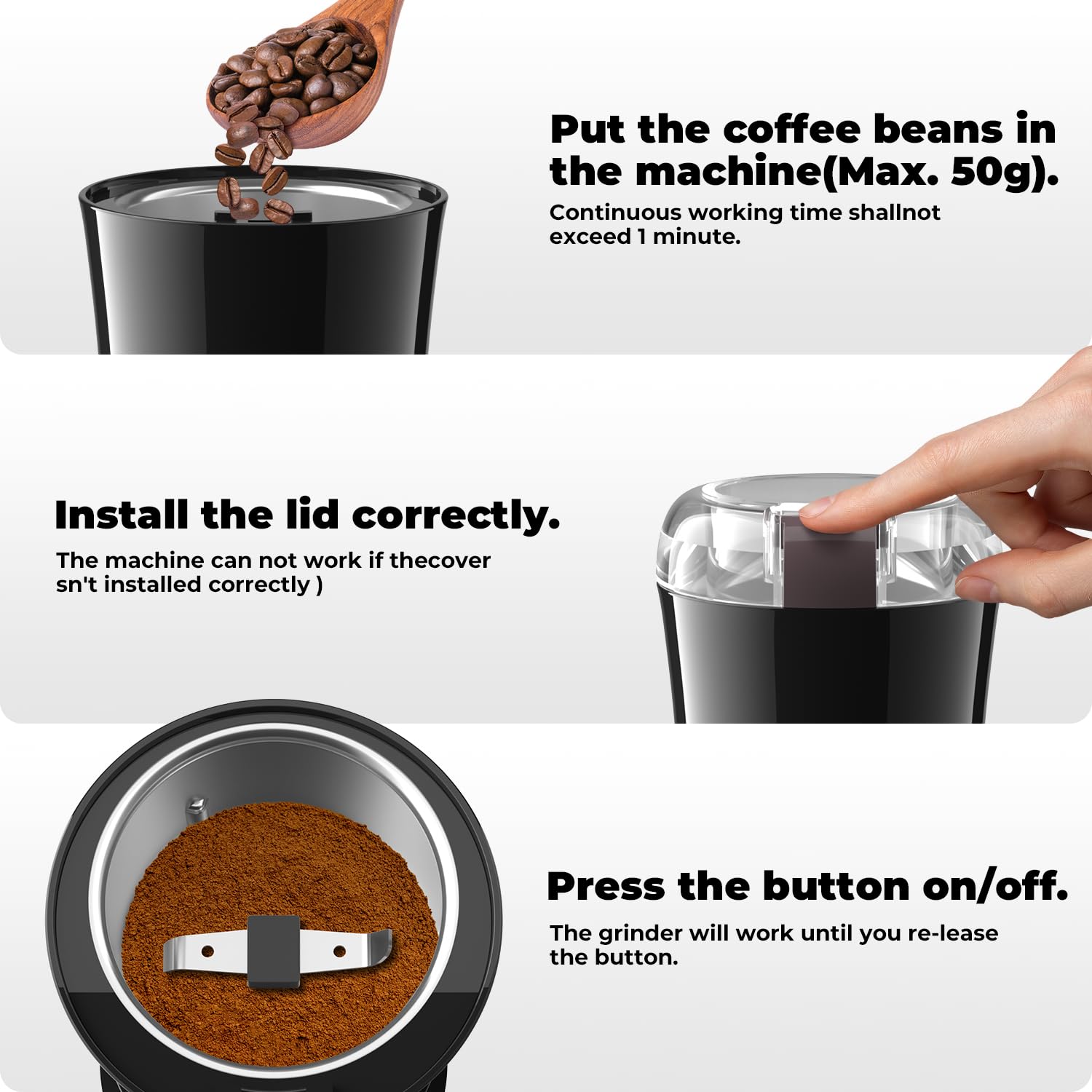 KYG Macinacaffè Elettrico 200W 50g con Lame in Acciaio Inox Macinino Inossidabile 304 Coffee Grinder per Chicchi di caffè Macina Spezie Semi Pepe Zucchero Sale