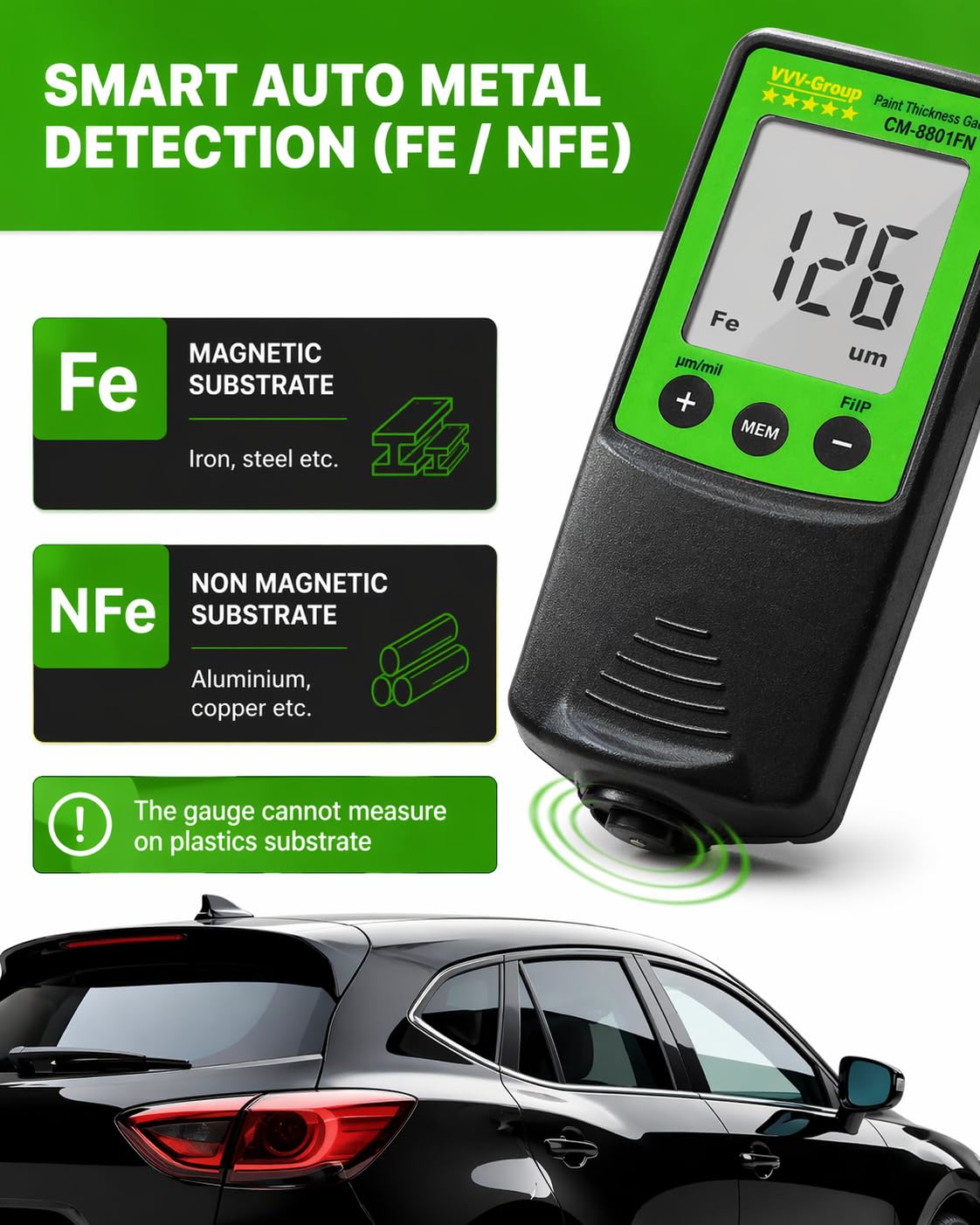 Paint Thickness Gauge CM-8801FN for Cars – Digital Coating Thickness Meter image 3