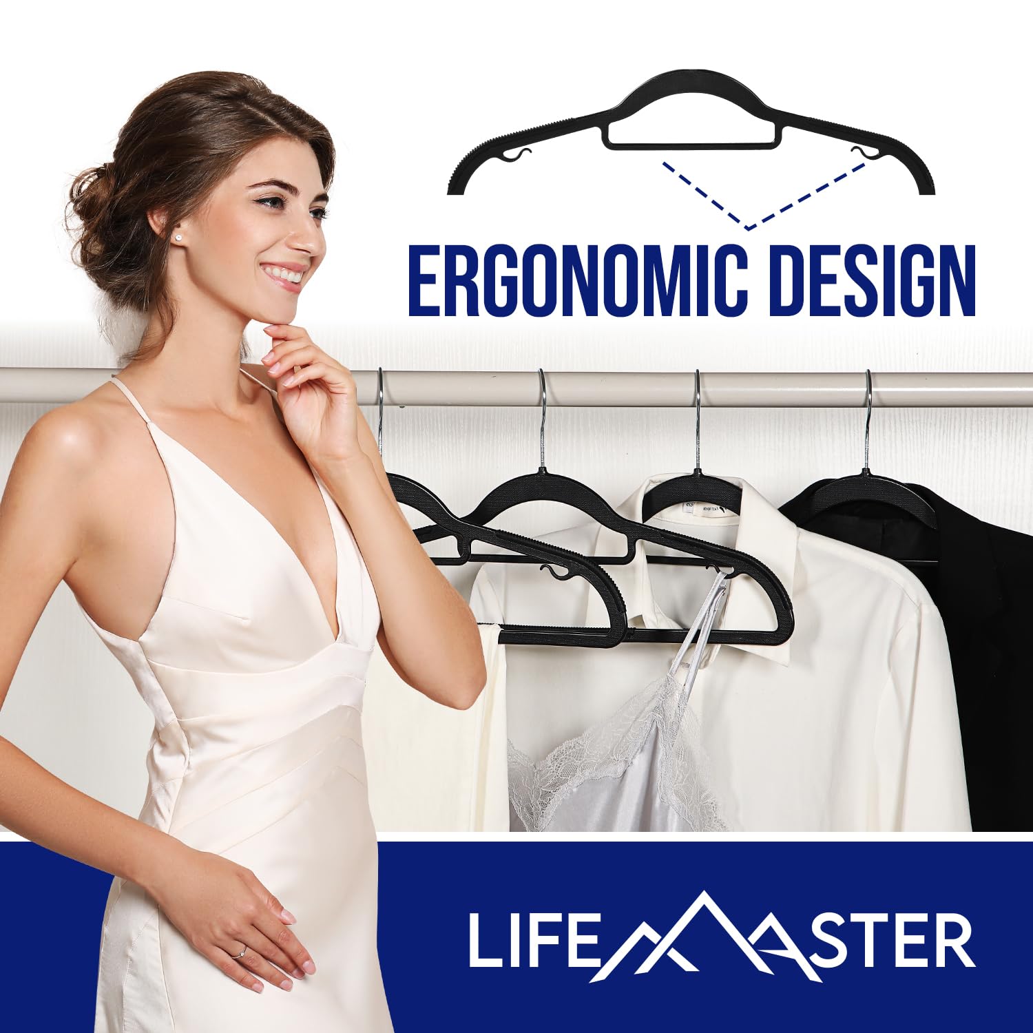 LifeMaster Lot de 80 cintres Robustes – Antidérapants, pivotants à 360°, Design Peu encombrant, Barre d'accessoires, Crochets intelligents, Noir