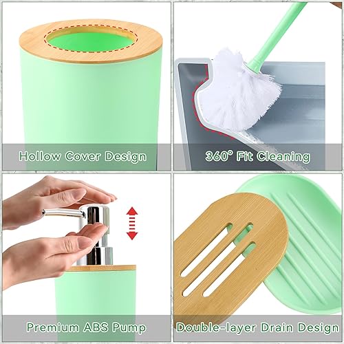 Miniatura 4 de SLDIYWOW Juego de 9 accesorios de baño de color verde, juego de baño verde claro con bandeja, dispensador de jabón, soporte para cepillos de