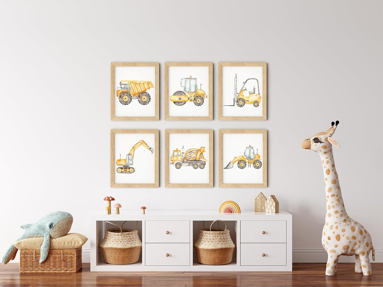Set of 6 Construction Truck Wall Art Decor Toddler Boys Room Canvas Paintings Orange Watercolor Tractor Vehicle Poster Pictures Nursery Dump Truck Wall Art Prints for Boys Bedroom 12x16 Inch Unframed