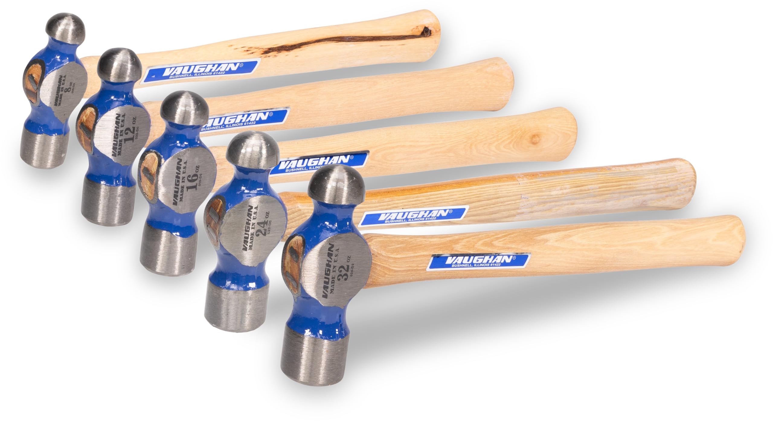 Hickory Handle Ball Pein Hammers, 5 Piece Set, Made In The USA, Polished Striking Head, VN18710