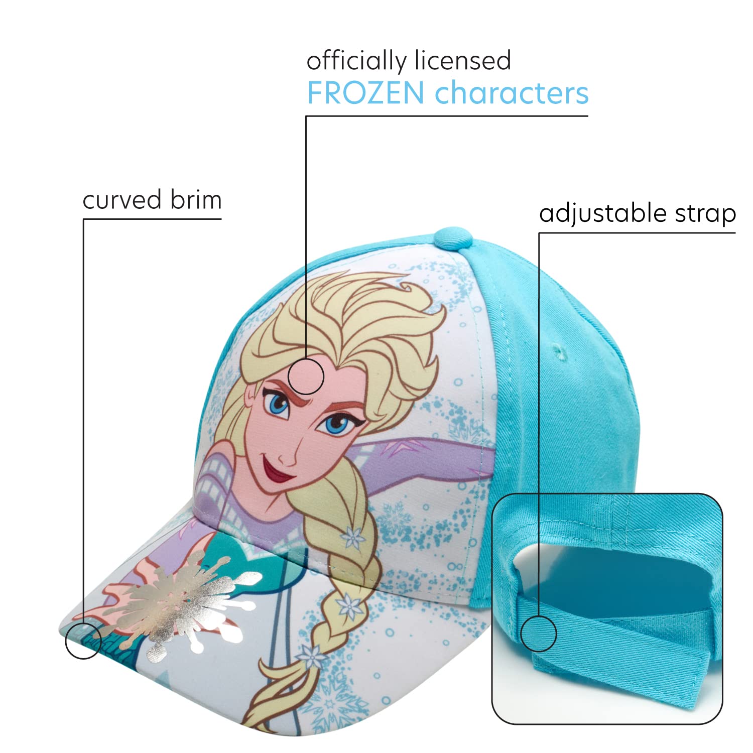 Disney Frozen dziecięca czapka z daszkiem, regulowana czapka dla dziewczynek, wiek 4-7 lat, niebieska Elsa