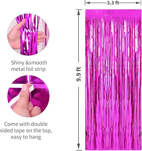 Miniatura 2 de Crosize Paquete de 3 cortinas de fondo con flecos de papel de aluminio rosa intenso de 3.3 x 9.9 pies, cortinas de fondo con serpentinas,