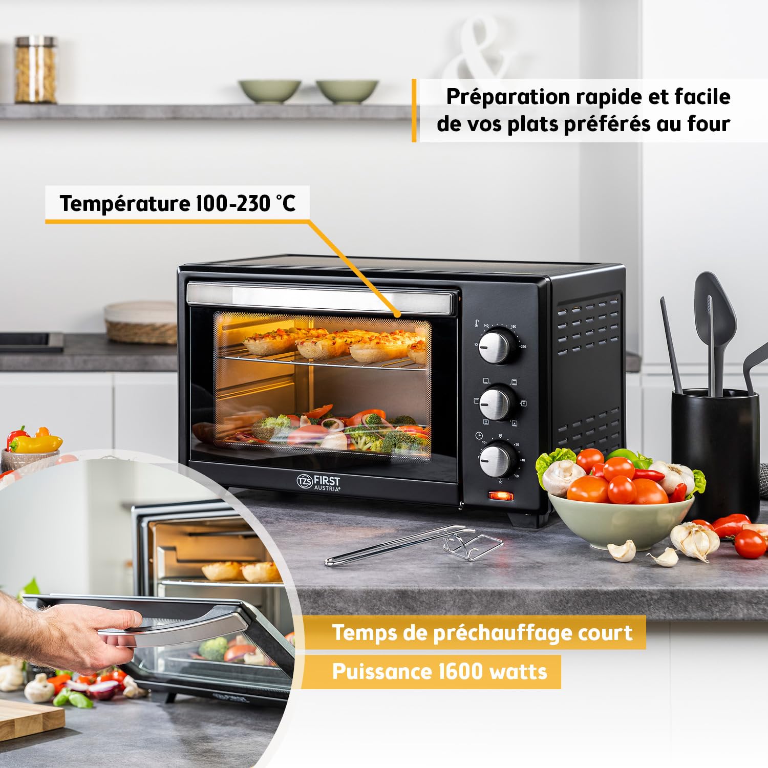 TZS First Austria - Mini-Four 30L 1600W - Four avec réglage de la température jusqu'à 230°C - Avec minuteur de 60 min, 3 hauteurs d'insertion, plaque et grille - Pour petites cuisines et camping