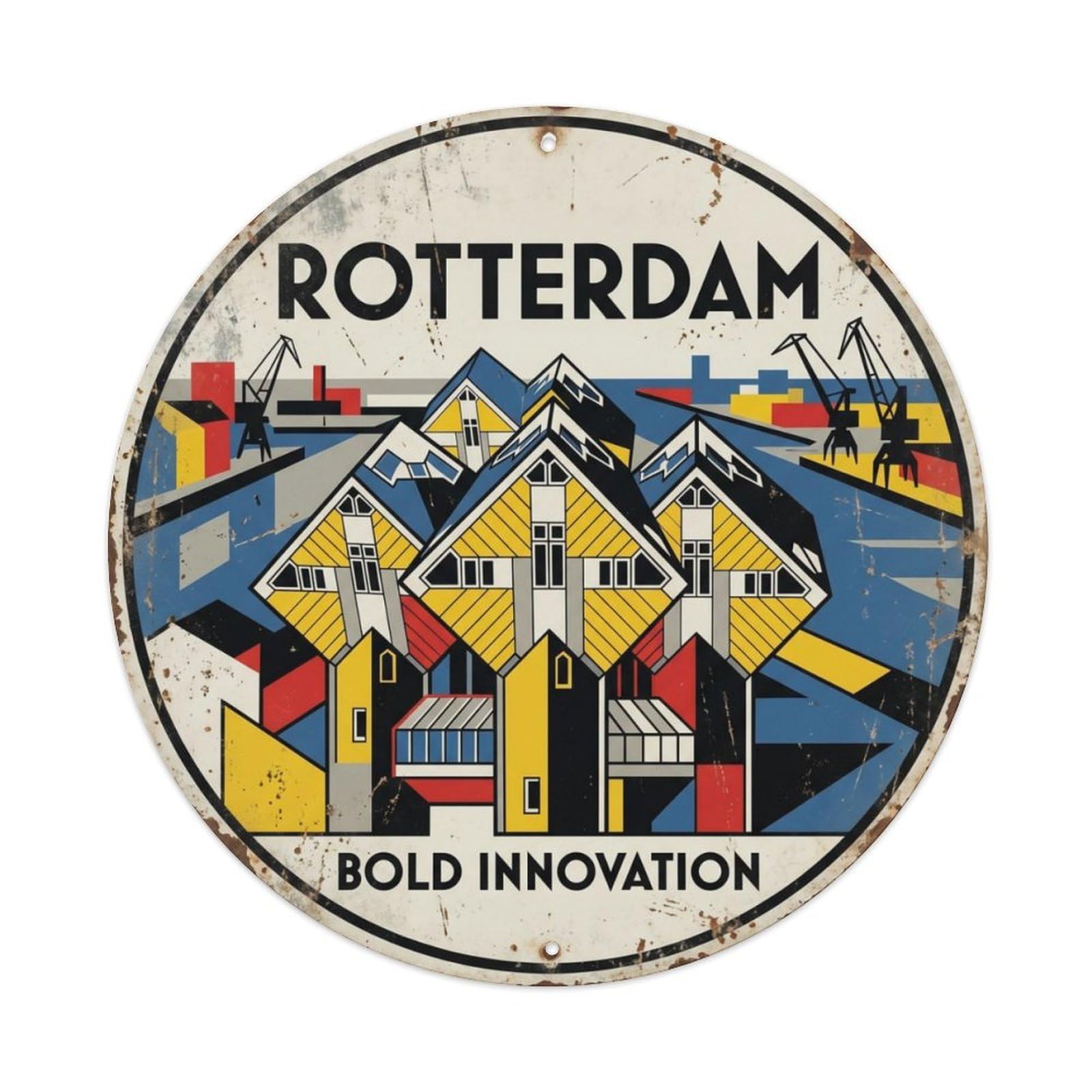 Vintage Travel Rotterdam Architecture Harbor Metal Tin Sign Plaque Wall Decor for Cafe, Club Bar, Office, Home Garden Round Metal Poster 8x8Inch