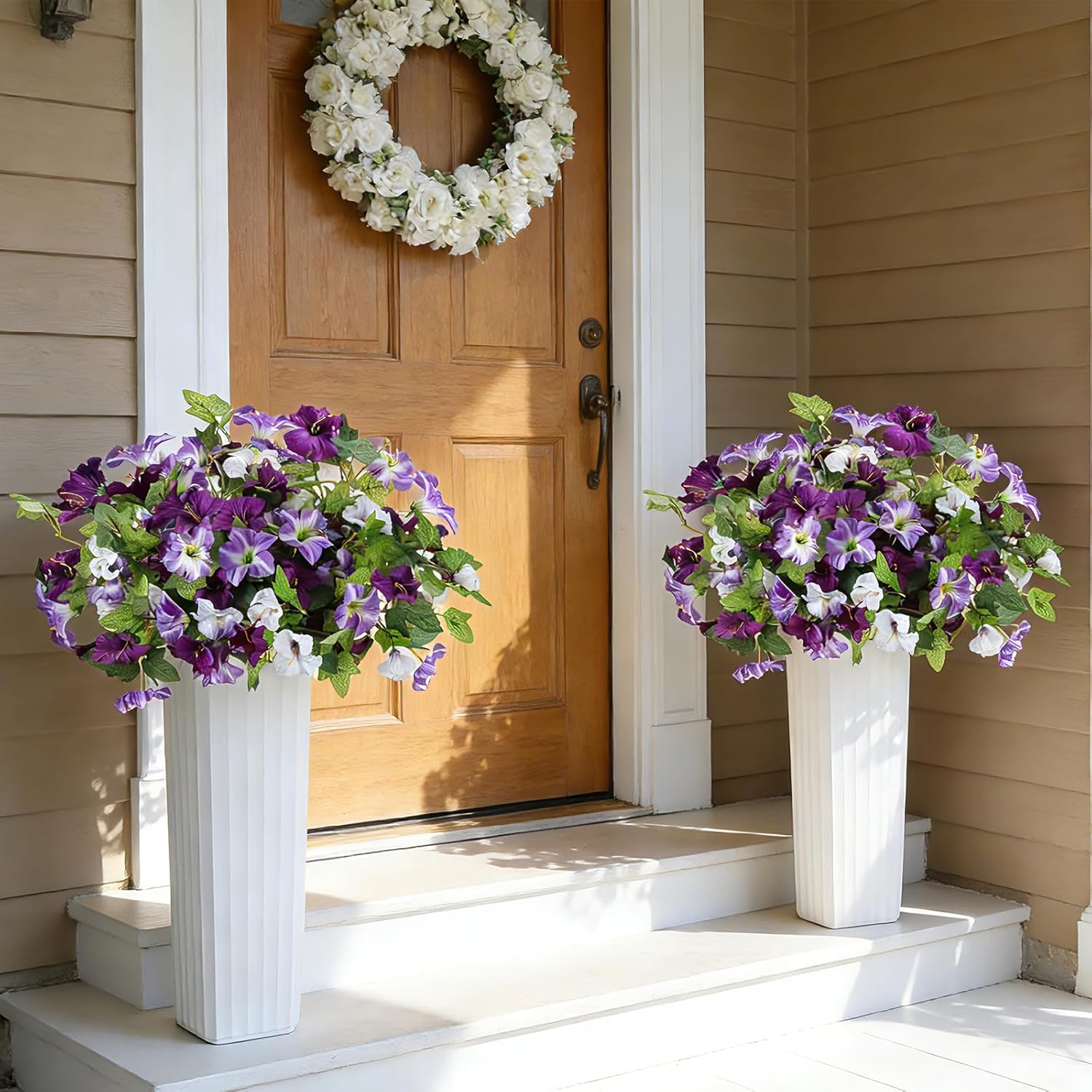 6 Pack Artificial Petunias for Outdoors, 132 Realistic Purple Fake Petunias, UV Resistant No Fade Faux Outdoor Petunias for Hanging Baskets, Garden and Porch Decor