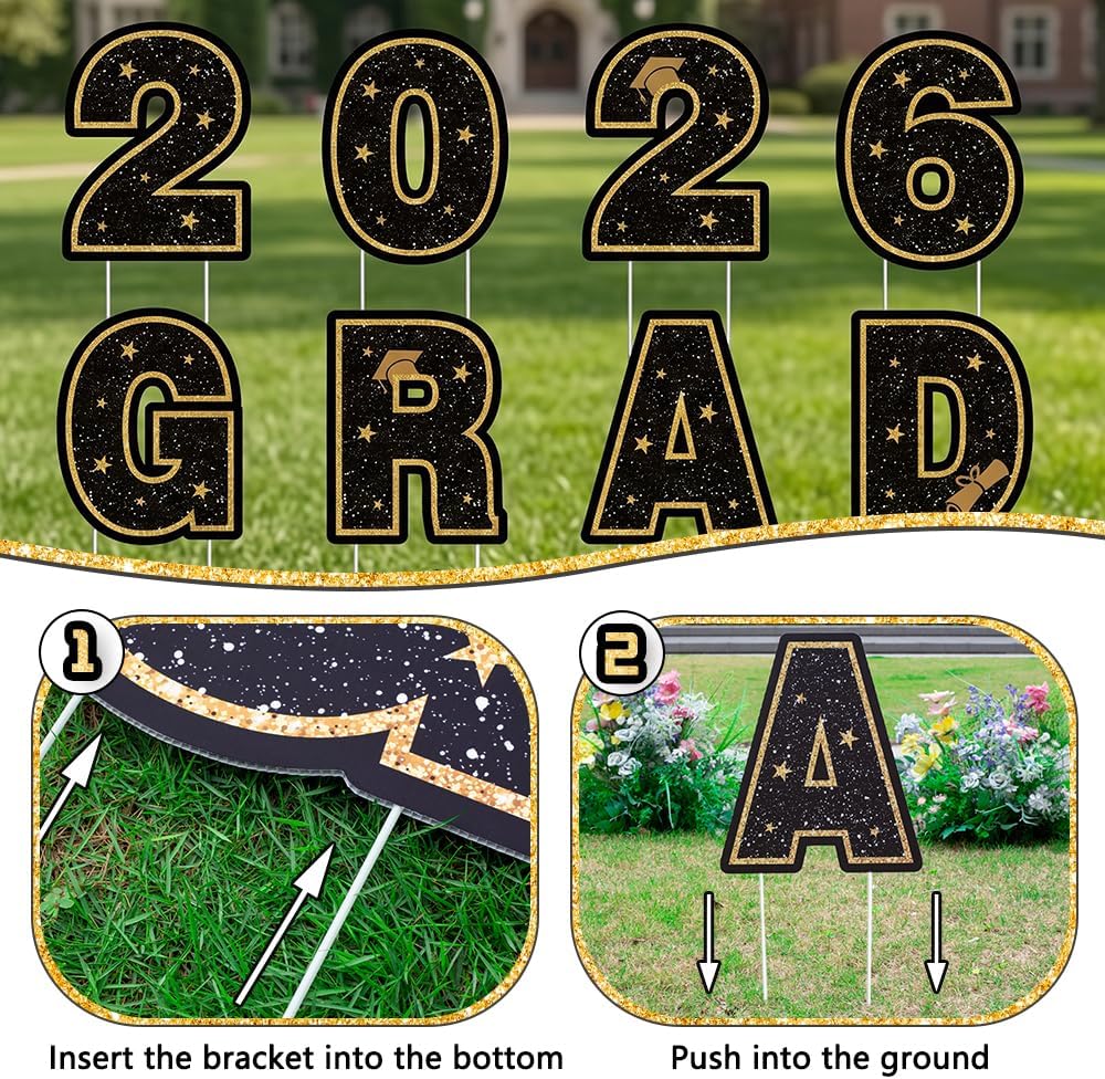 15 Pcs Large Graduation Yard Signs Class of 2026 Black and Gold, Congrats Grad Lawn Decorations with 28 Stakes for Outdoor Lawn, High School College Graduation Party Yard Decor (Black)