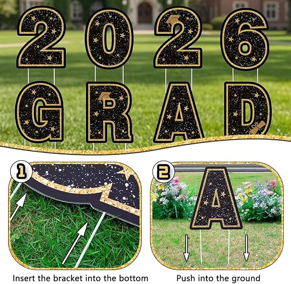 15 Pcs Large Graduation Yard Signs Class of 2026 Black and Gold, Congrats Grad Lawn Decorations with 28 Stakes for Outdoor Lawn, High School College Graduation Party Yard Decor (Black)