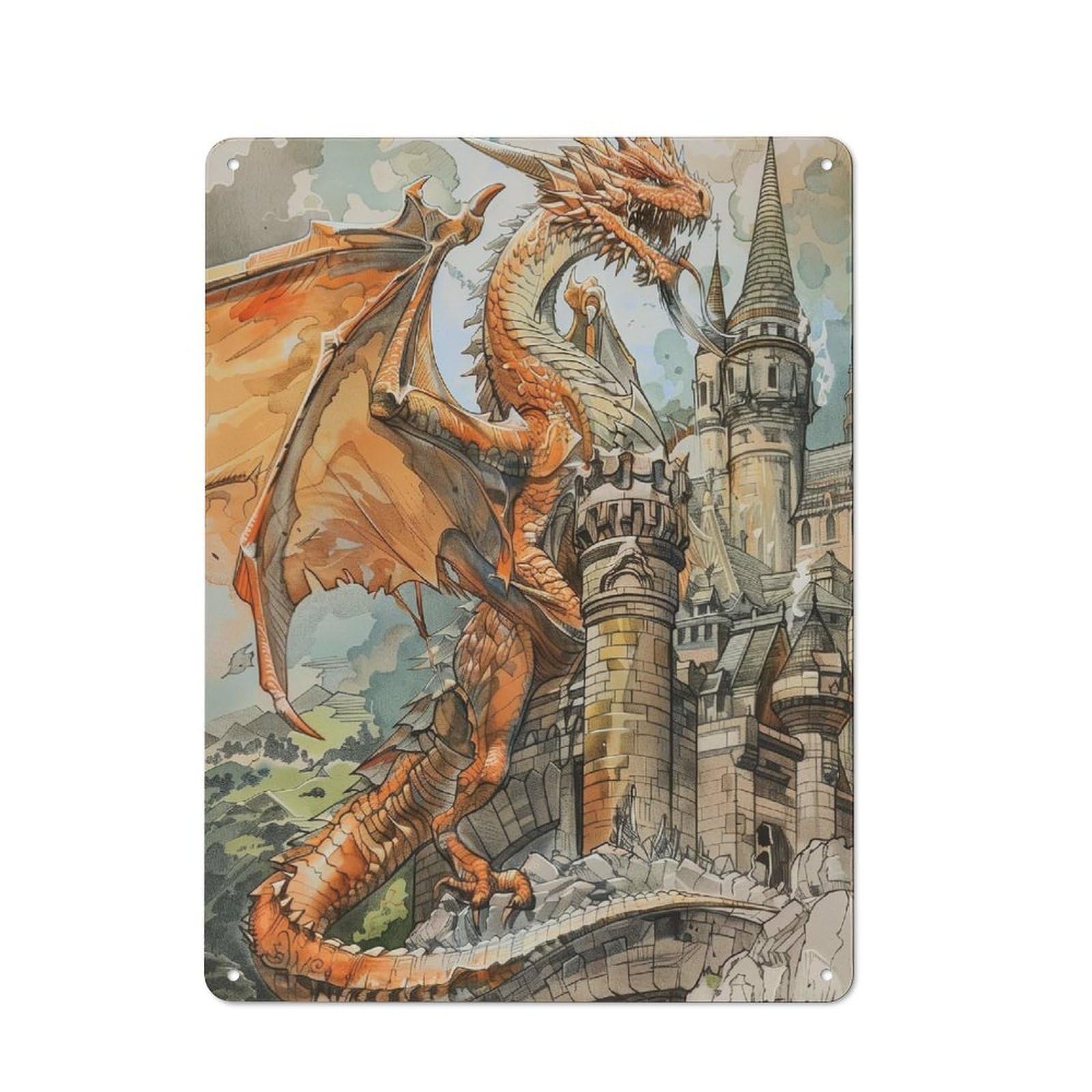 Vintage Colored Sketch Dragon Vintage Tin Sign 40x30cm, Cafe Wall Decor for Bakery, Diner, Cafe Or Family Room