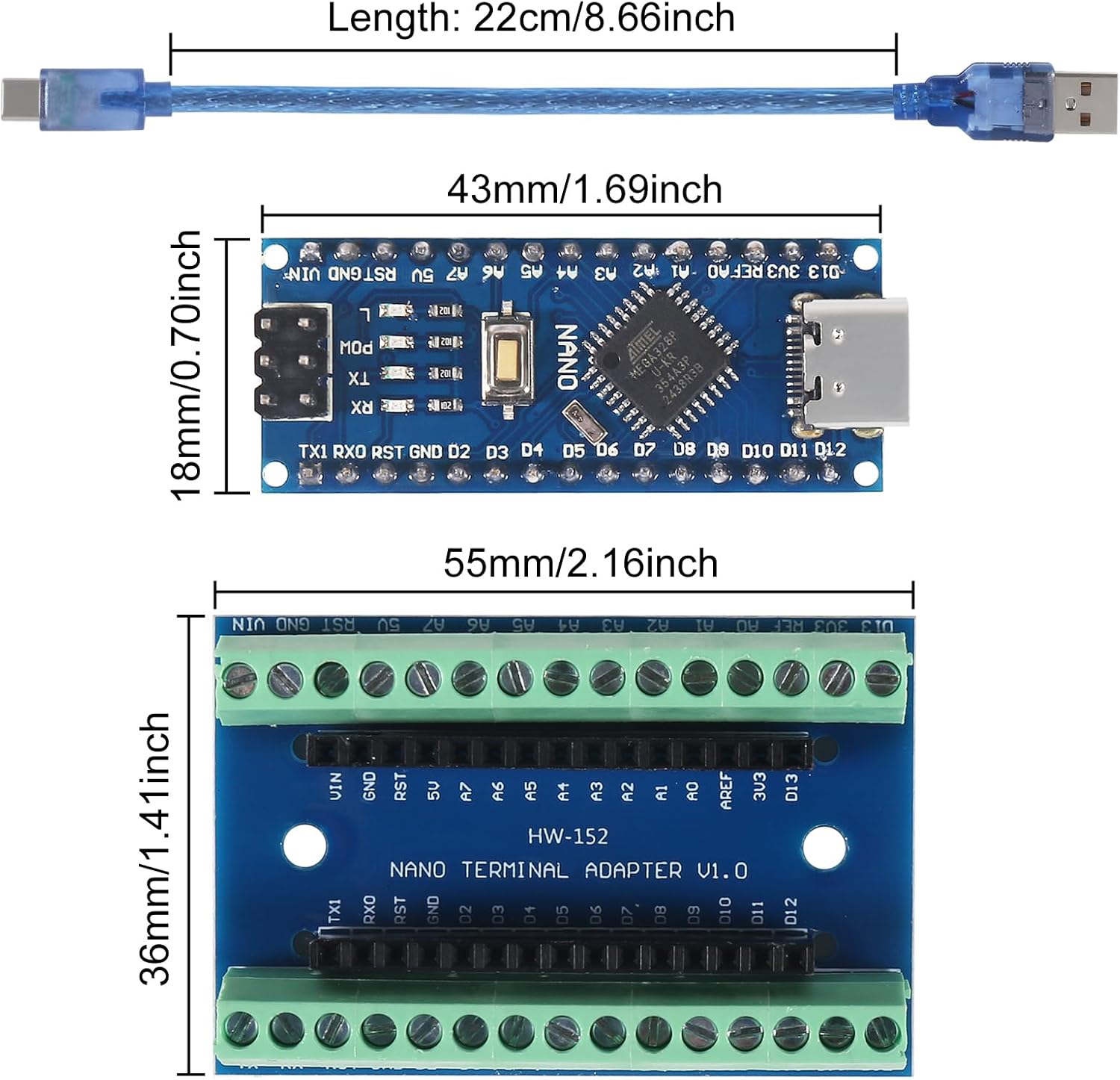 Dimensions of the AITRIP Nano V3.0 board and Nano Terminal Adapter