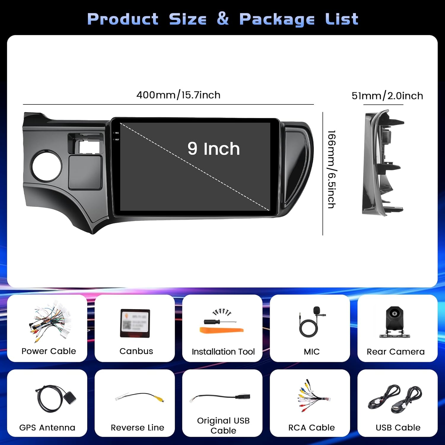 Contents of the Hikity car radio package, including the head unit, power cables, RCA cables, GPS antenna, microphone, and backup camera.