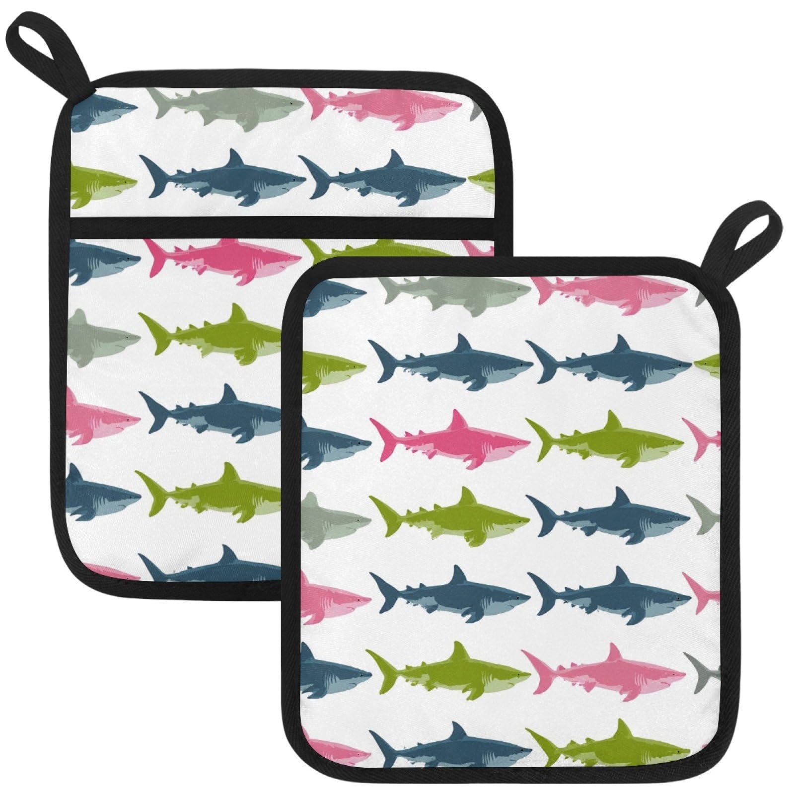 VAPOKF Colorful Shark Pot Holders with Pocket for Kitchen Heat Resistant Potholders Large Polyester-Cotton Square Oven Mitts Set