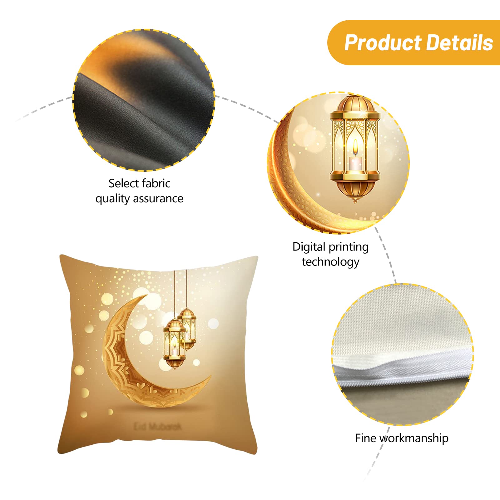 ereqeip Ramadans Eid Light - Federa per cuscino, motivo: luna e stelle, set di federe decorative quadrate Ramadan, per divano, camera da letto, soggiorno, auto