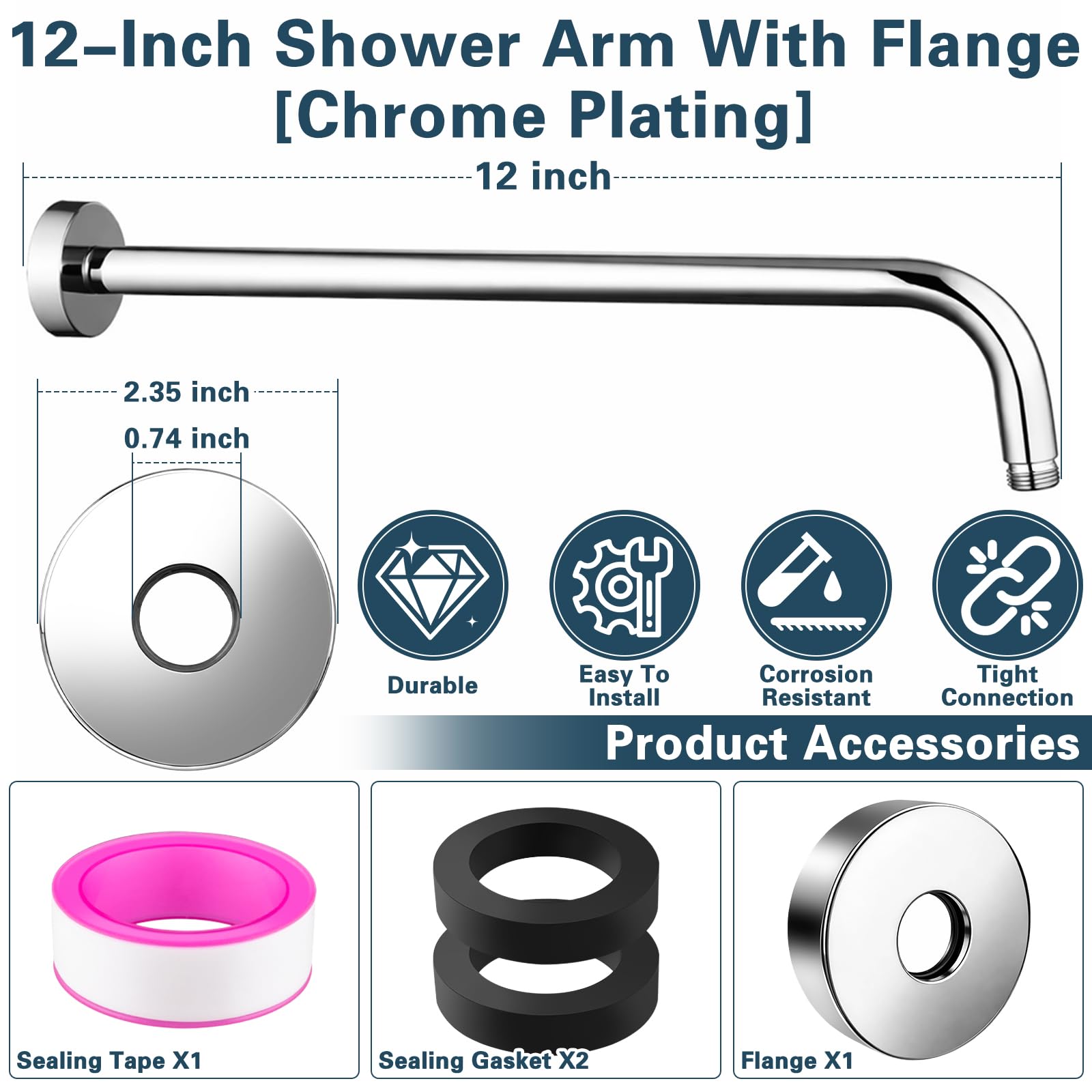 12 Inch Shower Arm with Flange, Wall Mount 90 Degree Shower Head Extension Arm, Stainless Steel Shower Head Arm for Fixed Shower Head & Handheld Showerhead, Brushed Chrome - 2