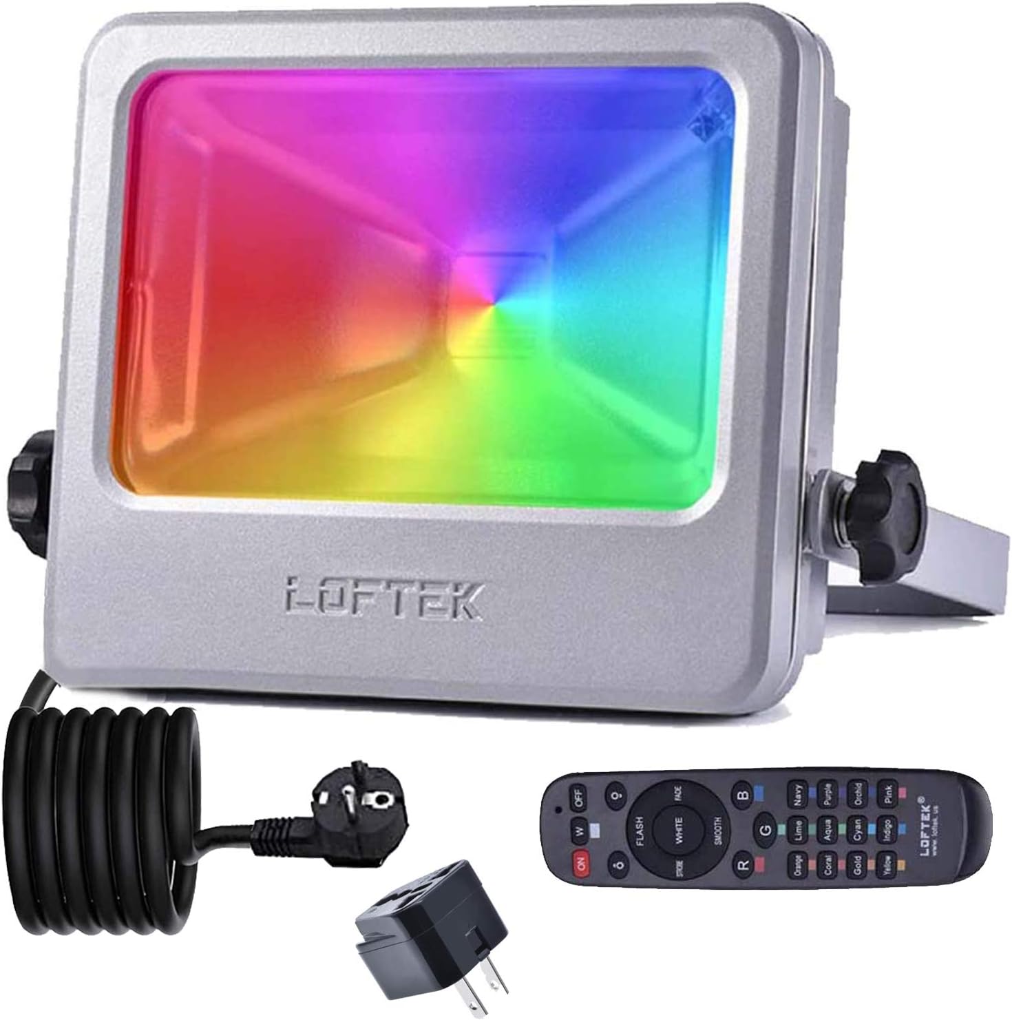 LOFTEK Nova S RGB LED Flood Light, Outdoor IP66 Waterproof Explosion-Proof Glass Color Changing Light with Remote Control, Wall Washer Light, 3.9 Feet Wire with Plug, Silver