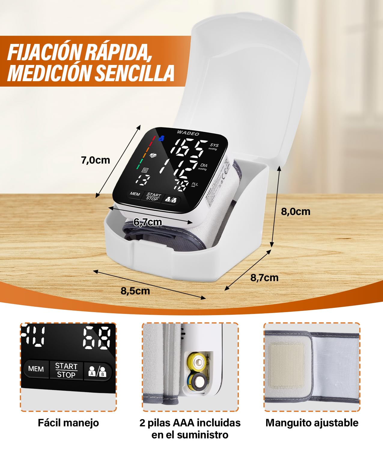 WADEO Tensiómetro digital de muñeca con pantalla LCD, tensiómetro portátil para el hogar o de viaje, medición precisa, 5 idiomas, memoria de 2 x 99, con batería