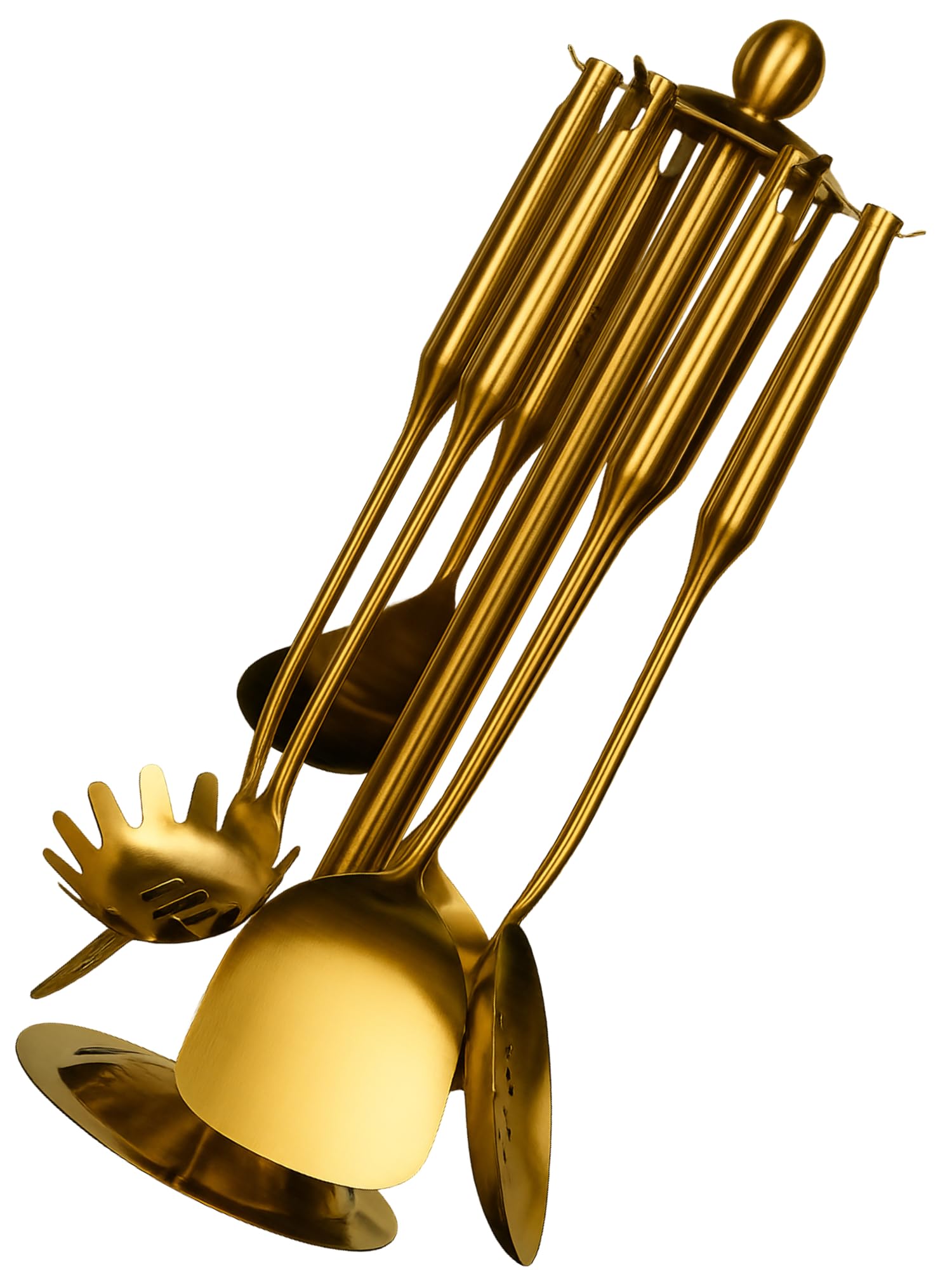 KüMAK, set di utensili da cucina in acciaio inox, 7 pezzi, utensili da cucina, set di pentole, cucchiaio da cucina, cucchiaio da cucina, mestolo, mestolo, spatola, paletta piatta e porta utensili (oro