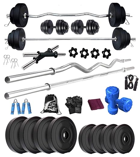 Bodyfit Muscle 30 Kg Weight Plates, 5Ft Straight And 3 Ft Curl Rod, 2 D.Rods Home Gym Dumbbell Gym Set, Pvc, Black