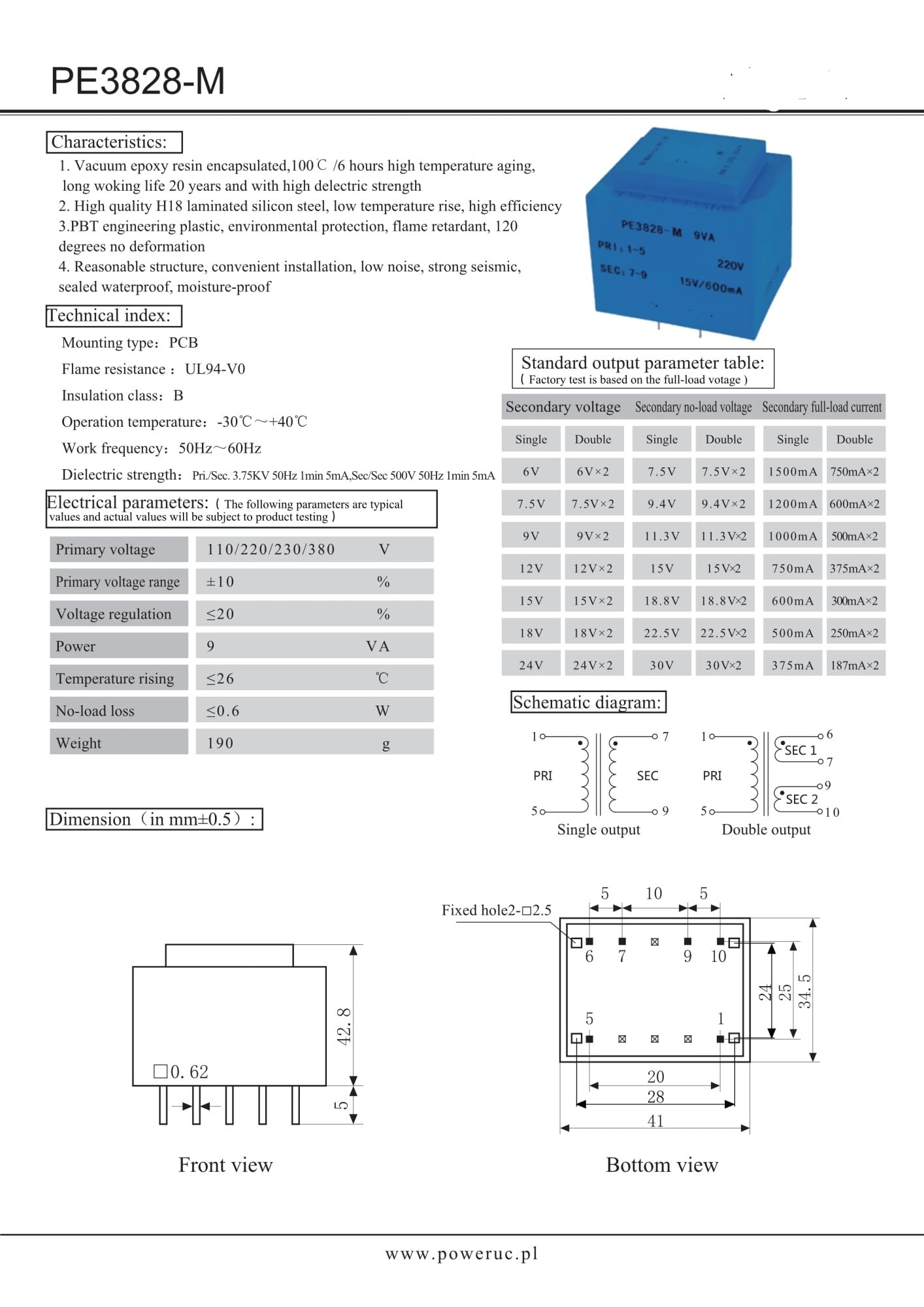 Transformador de aislamiento encapsulado PE3828-M for soldadura de PCB (1 unidad)(9VA 380V 18V)