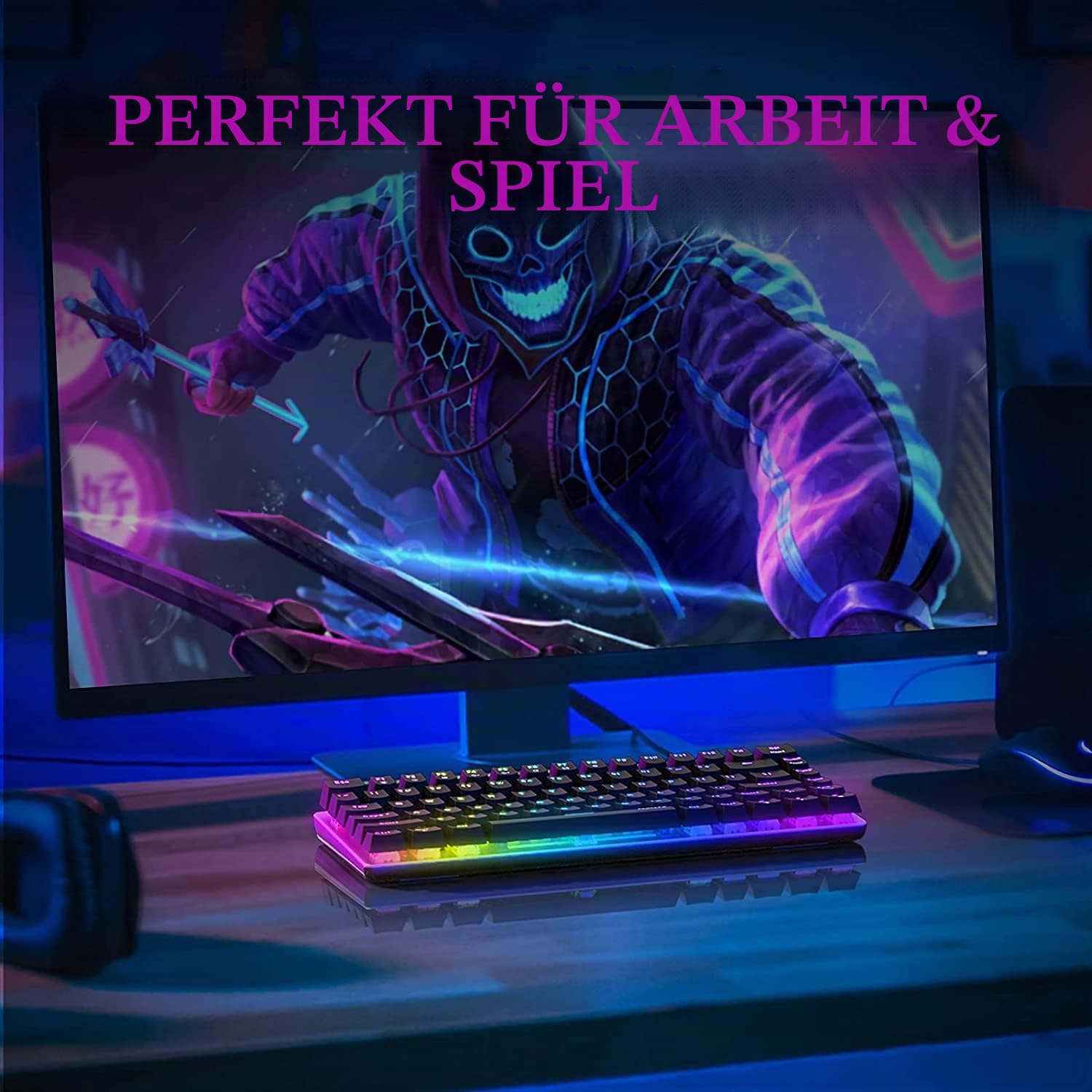 AK33 USB-Kabelgebundene Mechanische Gaming-Tastatur, 80 % Blaue Schalter Keyboard mit 19 RGB-Chroma-LED-Hintergrundbeleuchtung, 82 Tasten Anti-Ghosting-Metallpanel für PC, Mac und Laptop-Schwarz