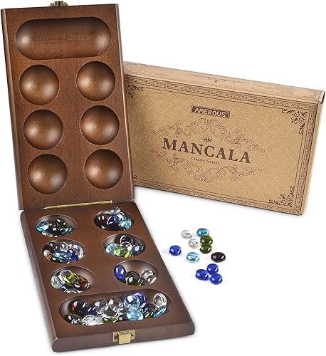 Miniatura 8 de AMEROUS Juego de mesa de madera de Mancala con 72+8 piedras de cristal multicolor – Tabla plegable – Instrucciones de Mancala, juego de mesa clásico
