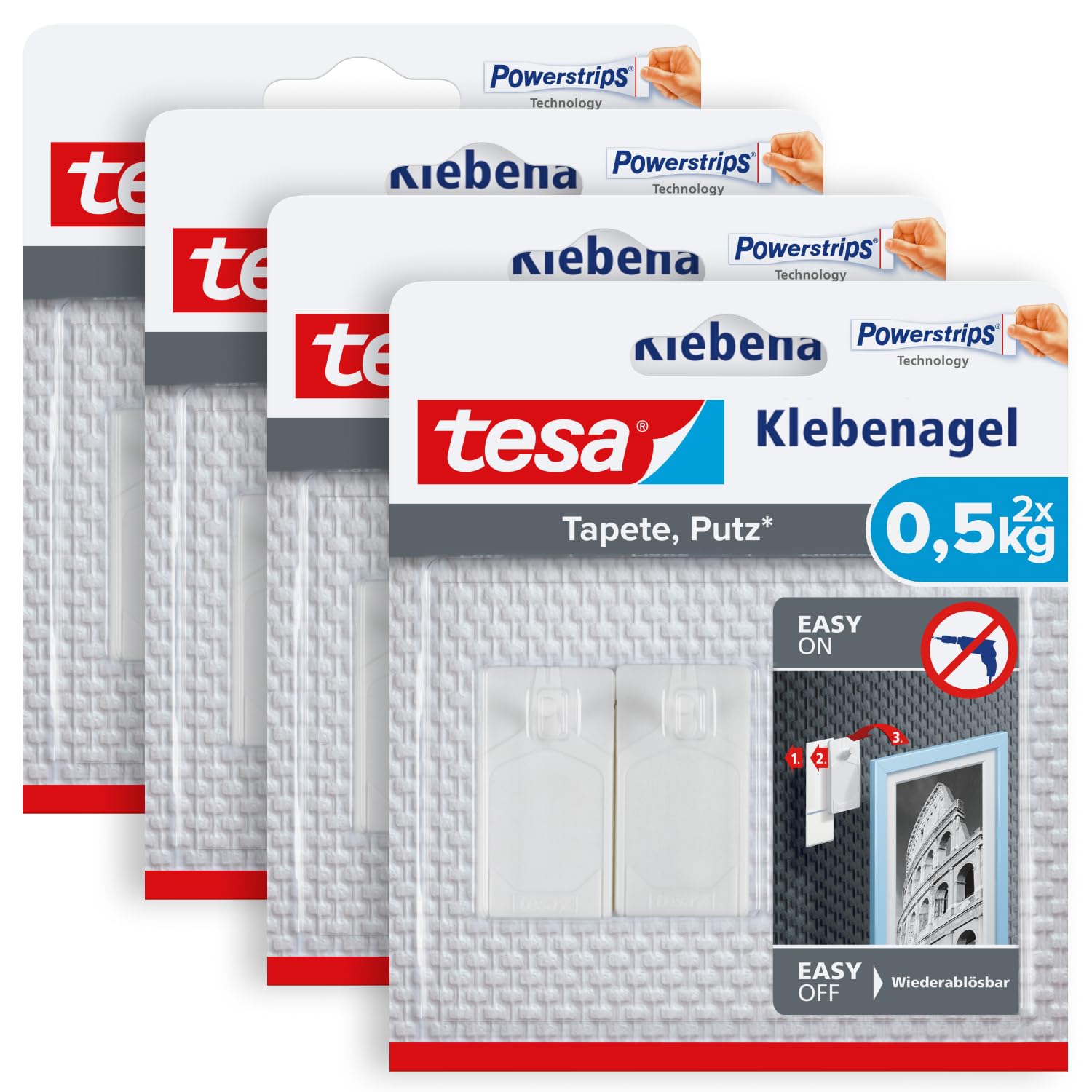 tesa Clavos adhesivos para papel pintado y yeso 0,5 kg en paquete de 4 unidades – Clavos autoadhesivos para superficies delicadas – sin residuos – hasta 0,5 kg de potencia de sujeción por clavo – 4 x