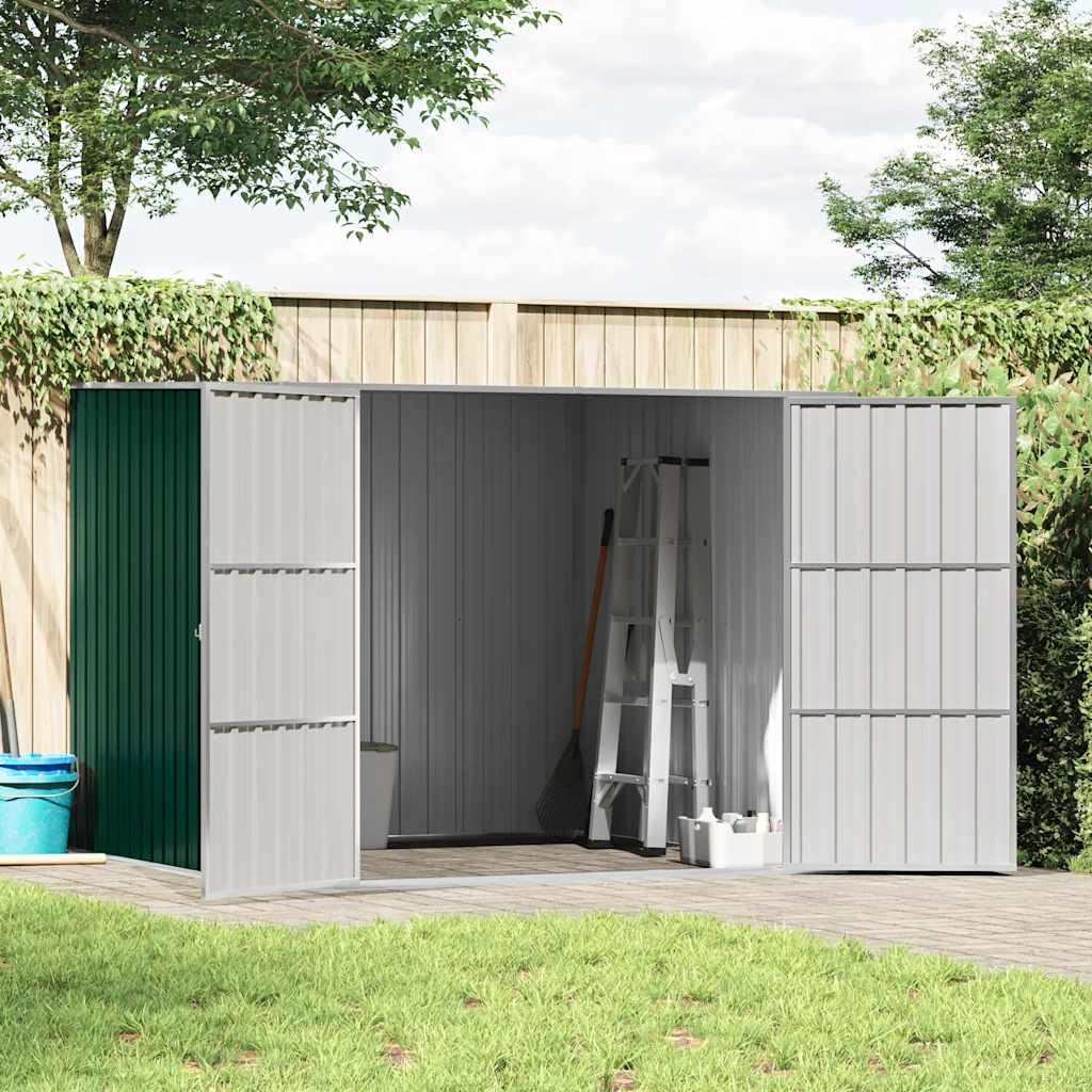 Cobertizo verde 195 x 198 x 159 cm de acero galvanizado con puertas dobles, techo inclinado para almacenamiento resistente a la intemperie de herramientas, bicicleta y cortacésped