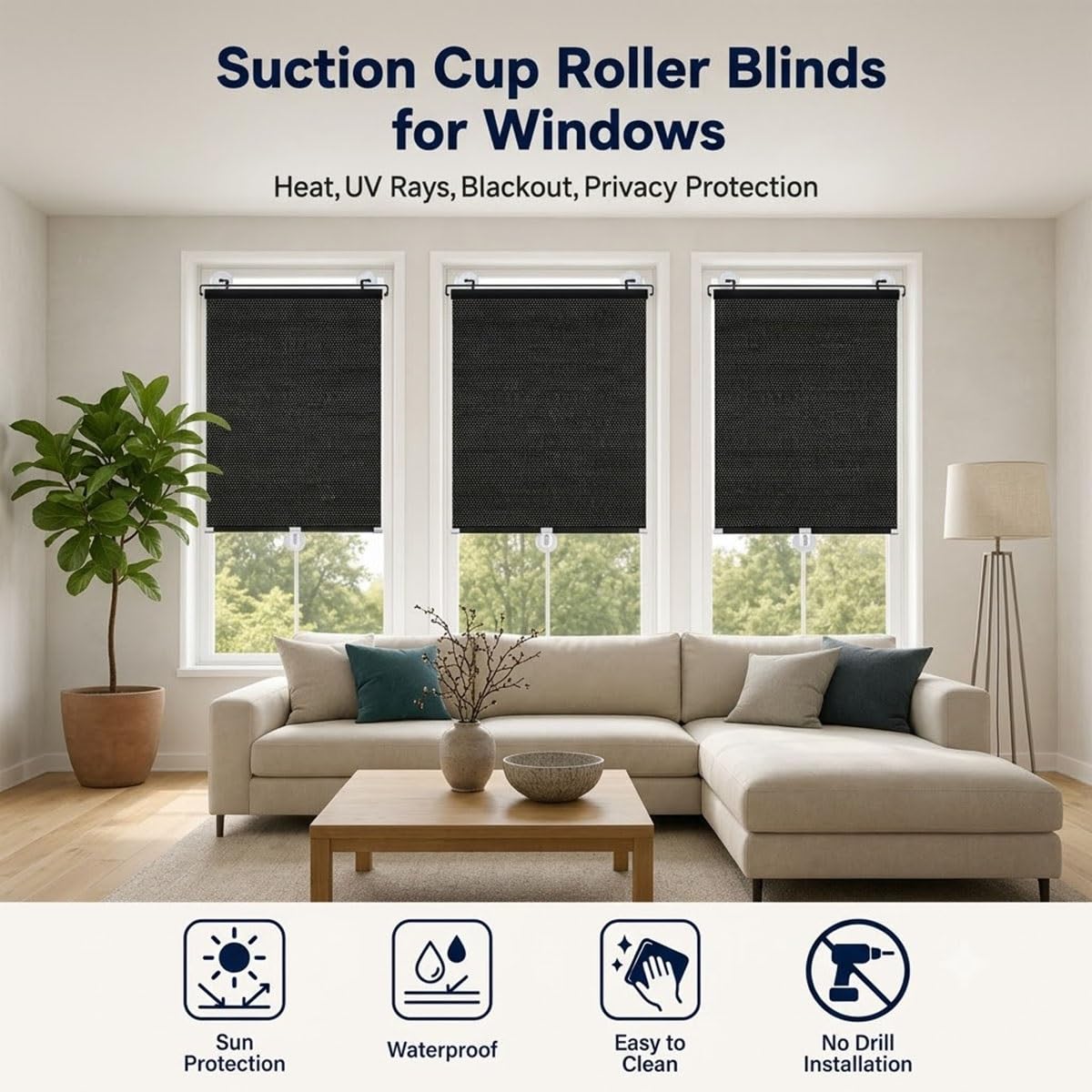 Persianas Opaca con Ventosa Sin Taladrar, Estores Enrollable para Ventanas,Persianas Retráctiles Cortina Proteccion Solar para Oficina,Dormitorio,Sala de Estar(70x170cm)