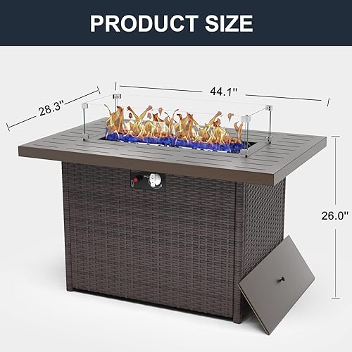 Miniatura 13 de Mesa de fogata de gas propano de 44 pulgadas para patio exterior, 60000 BTU rectangular de mimbre al aire libre con protector de viento de vidrio