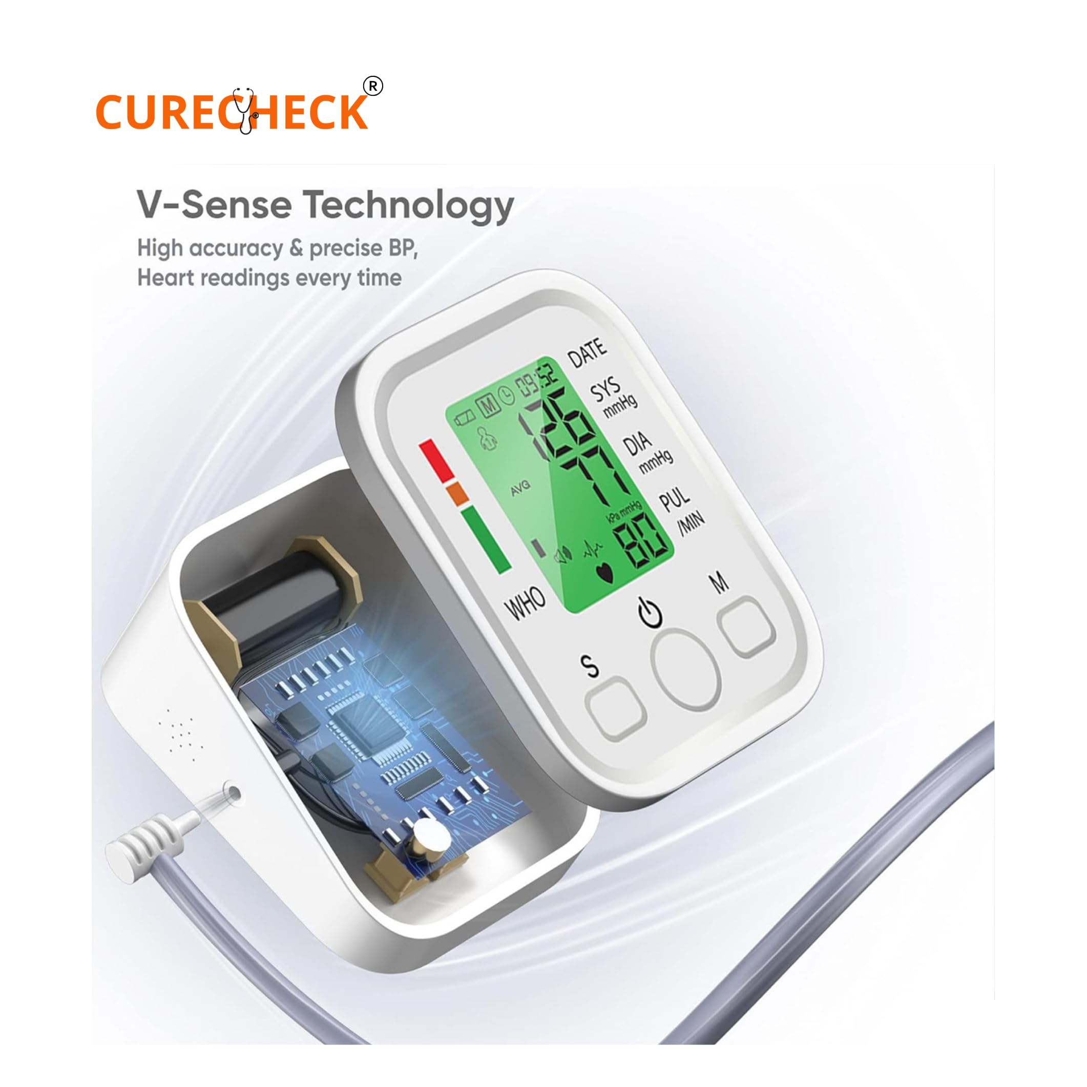 CURECHECK BP Monitor Fully Automatic Blood Pressure Machine to Check Digital Accurate Level for Home Monitoring Device with Talking Function,Large Display + Cuff Kit (White) - Image 4 thumbnail
