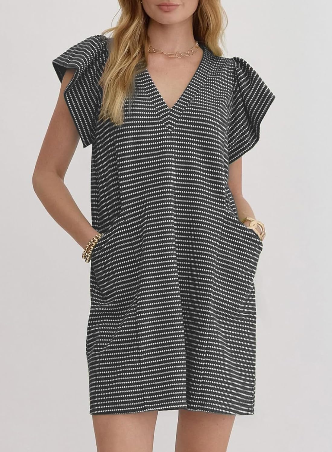 Acelitt Womens Casual Summer V Neck Cap Sleeve Shift Mini Dress with Pockets, S-XXL - Image 2