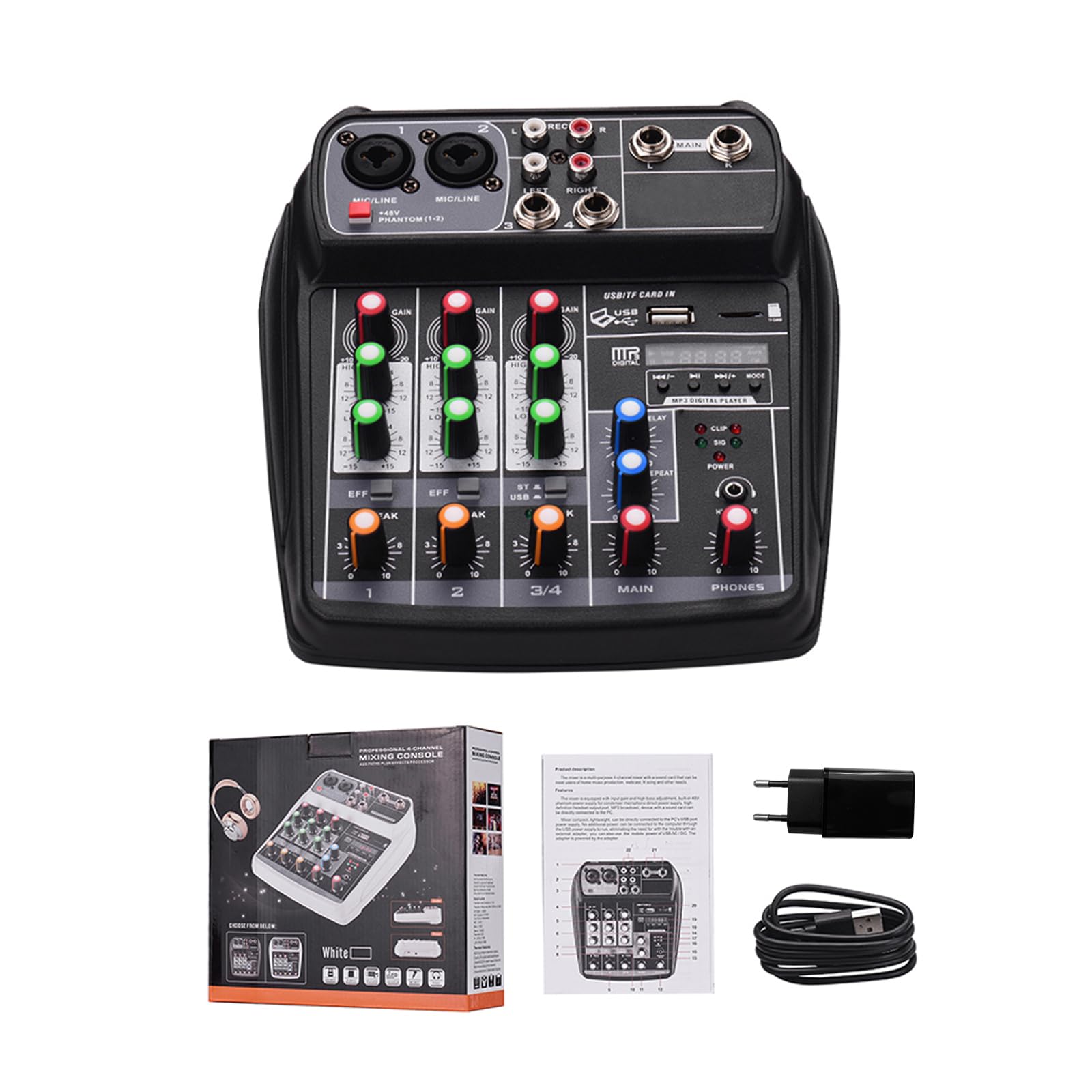 Mikser Audio Mikser Dźwięku Konsola Miksująca DJ 4-kanałowy Cyfrowy Audio Kompaktowa Konsola Miksująca BT MP3 Wejście USB Zasilanie Phantom 48 V do Nagrywania (Wtyczka UE)