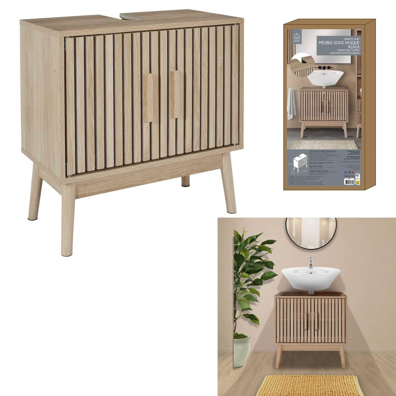 HOME DECO FACTORY Kartoffelstampfer aus Edelstahl Ergonomischer Griff Silber | Waschtischunterschrank aus Holz, Kollektion Klaus, Badezimmerfarbe Natural Crush, 60 x 70 cm, braun