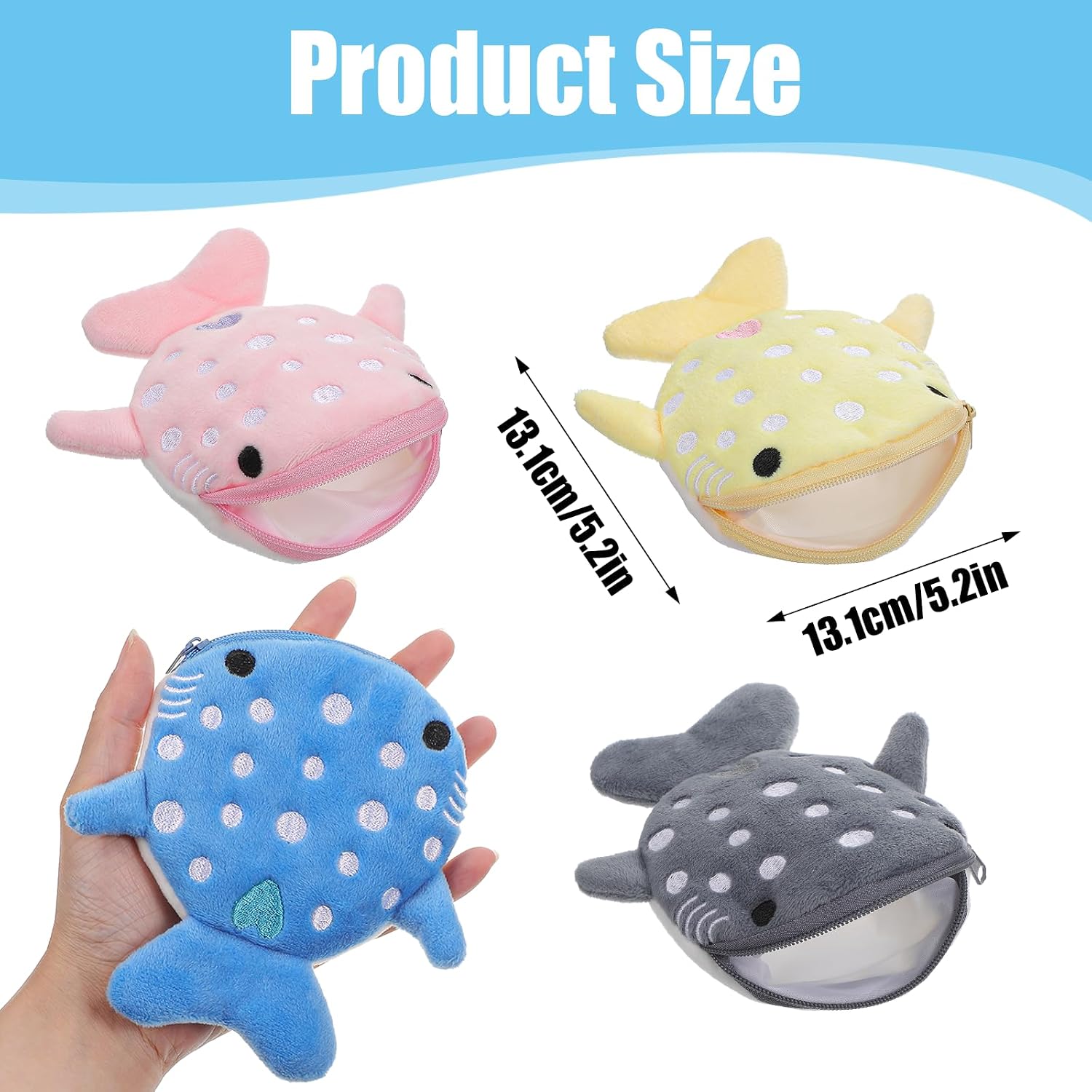 Cute Whale Shark Coin Purse, 4Pcs Funny Small Plush Girls Wallet Practical Coin Pouch with Zipper Mini Cartoon Pouch for Women