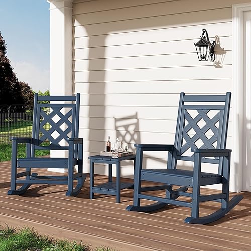 GarveeLife Juego de 2 mecedoras para exteriores con mesa auxiliar, HDPE resistente a la intemperie, mecedora de patio y porche con textura de madera