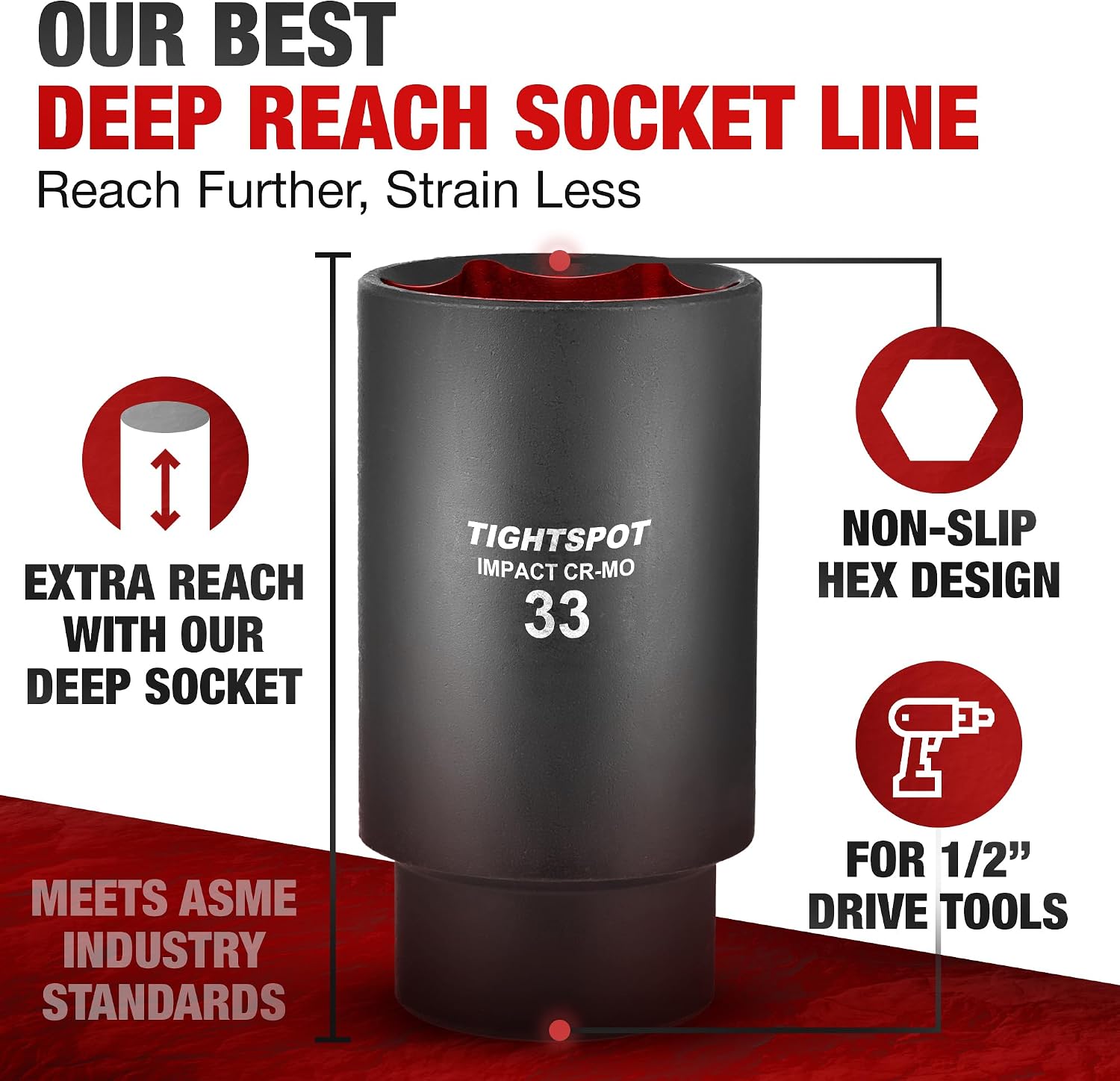 TIGHTSPOT 1/2 Inch Drive - 33 mm Deep Impact Socket with Anti-Rounding 6 Point Design, Heat-Treated CRMO Steel, Metric