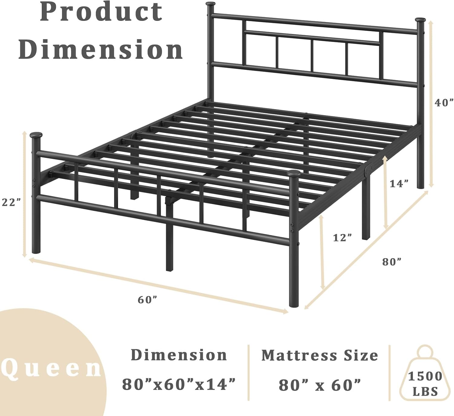 Queen Bed Frame No Box Spring Needed with Headboard and Footboard Heavy Duty Steel Slat Support 14" Height Easy Assembly Under Bed Storage Noise-Free Mattress Foundation