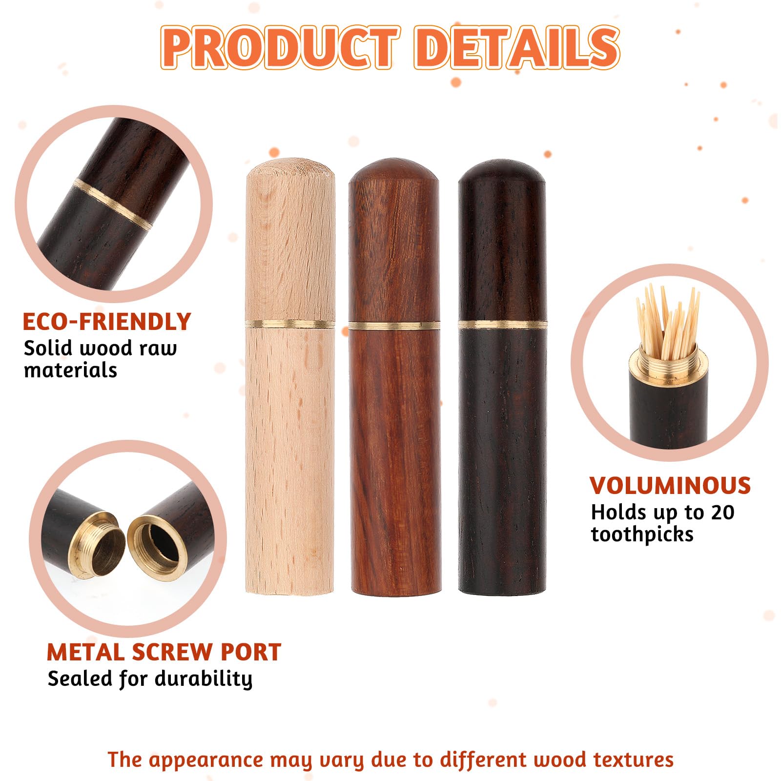 Giantree Paquete de 3 soportes portátiles para palillos de dientes, estuche de aguja de madera, impermeable, hecho a mano, caja de bolsillo para palillos de dientes para mujeres y hombres