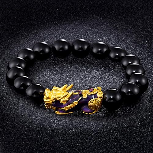 Miniatura 5 de Pulsera chapada en 14 quilates de 0.472 in Feng Shui para hombre, Pixiu Piyao, cambio de color, cuentas negras, pulsera de la suerte, pulsera para