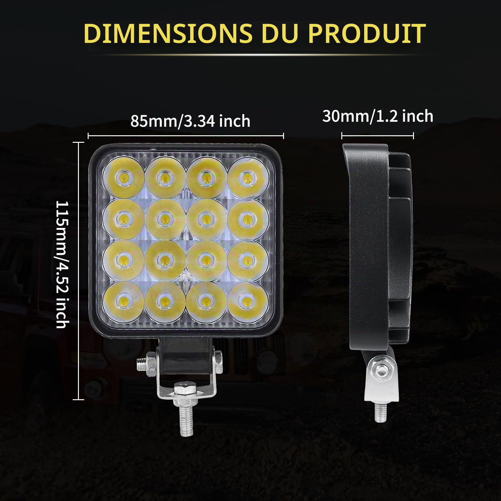 PICAA Phare de Travail LED, 4 PCS 3.3 Pouces Mini 48W Spot Projecteur LED | longue portée, Carré,Feux de Travail, 12V 24V, hors route pour Voiture 4x4 Truck ATV SUV Camion Tracteur Moto