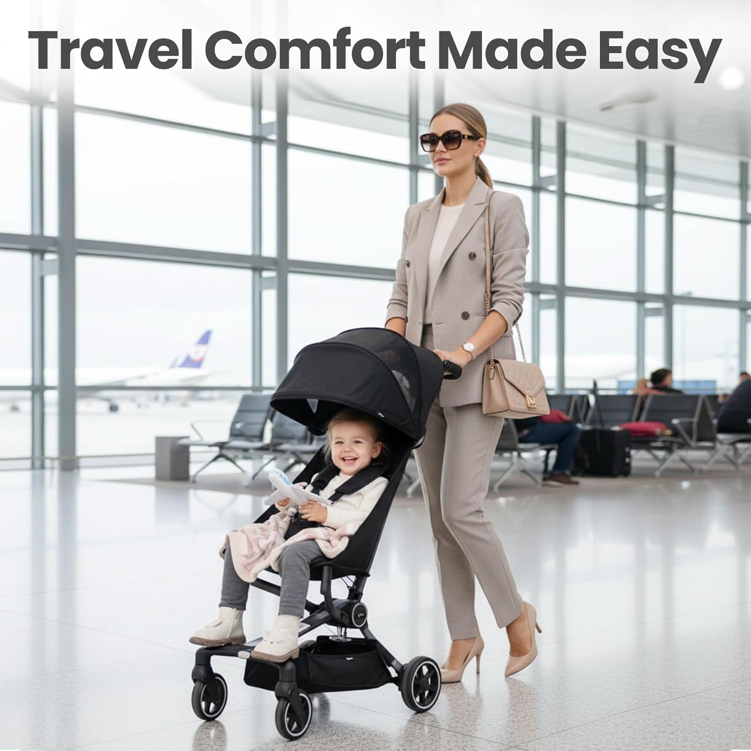 QPlay Travel Stroller for Baby & Toddlers Ages 6 Months to 4 Year Old – 9.48lbs Lightweight & Ultra-Compact Umbrella Stroller with One-Hand Fold, Airplane Carry-on Size, Reclining Seat (Black)