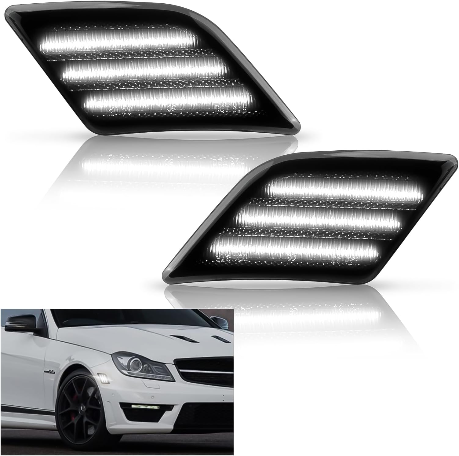 Bestview LED Side Marker Lights Compatible with 2008-2011 Mer'cedes Benz W204 C250 C300 C350 & 2008-2013 C63 AMG, Driver & Passenger Side, White Lamp Smoked Lens