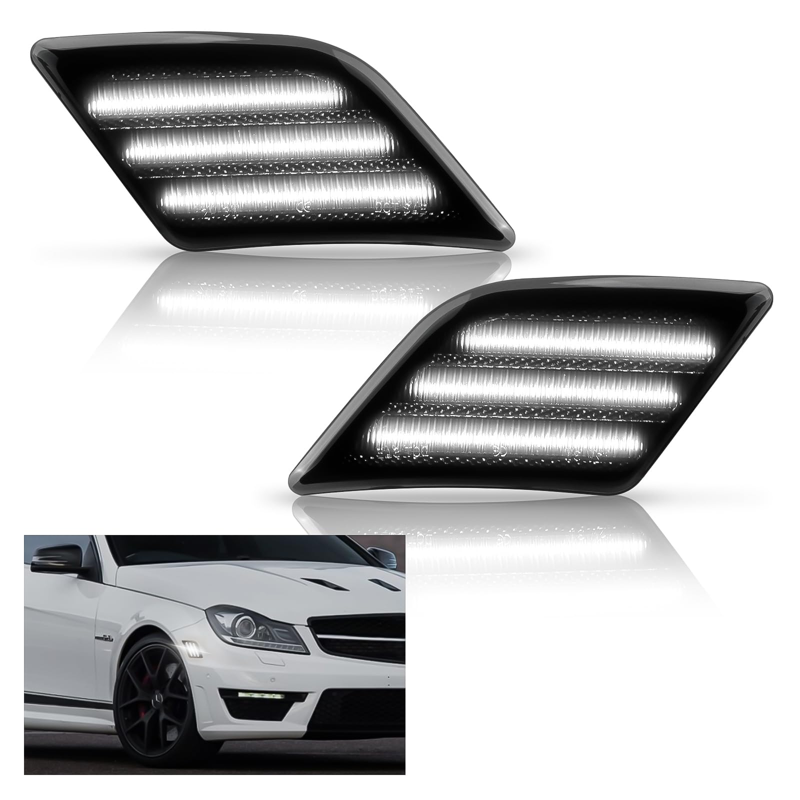 Bestview LED Side Marker Lights Compatible with 2008-2011 Mer'cedes Benz W204 C250 C300 C350 & 2008-2013 C63 AMG, Driver & Passenger Side, White Lamp Smoked Lens