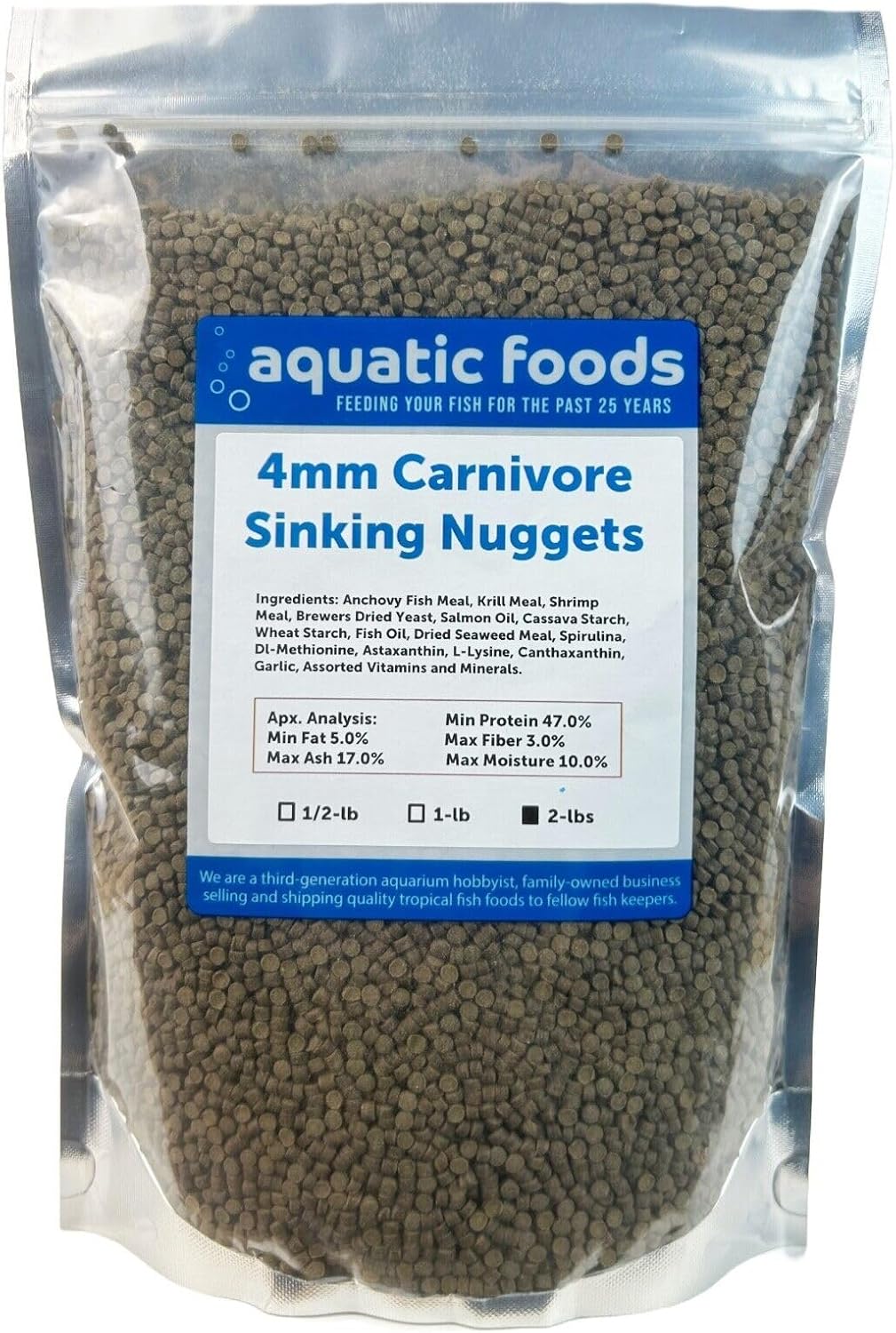 Aquatic Foods Inc. 4mm - 3/16" Carnivore Sinking Pellets for Carnivore Cichlids, Catfish, Monster Fish, Bottom Fish, All Medium to Large Fish, Also Koi & Pond Fish. - WL…2-lbs Foil Pouch Bag