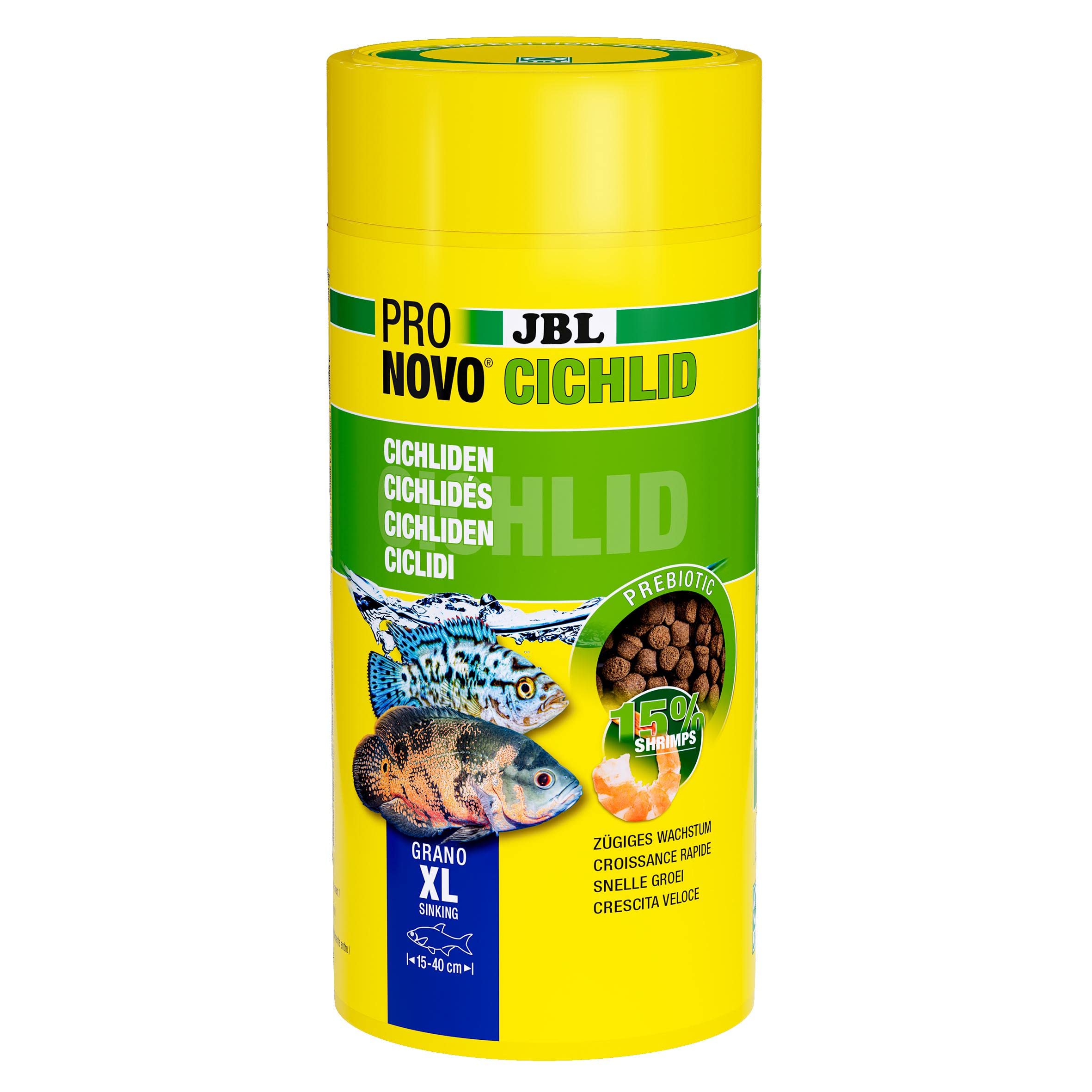 JBL PRONOVO CICHLID GRANO, Hauptfutter für Buntbarsche von 15-25 cm, Klickdosierer, Fischfutter-Granulat, Größe XL, 1000 ml