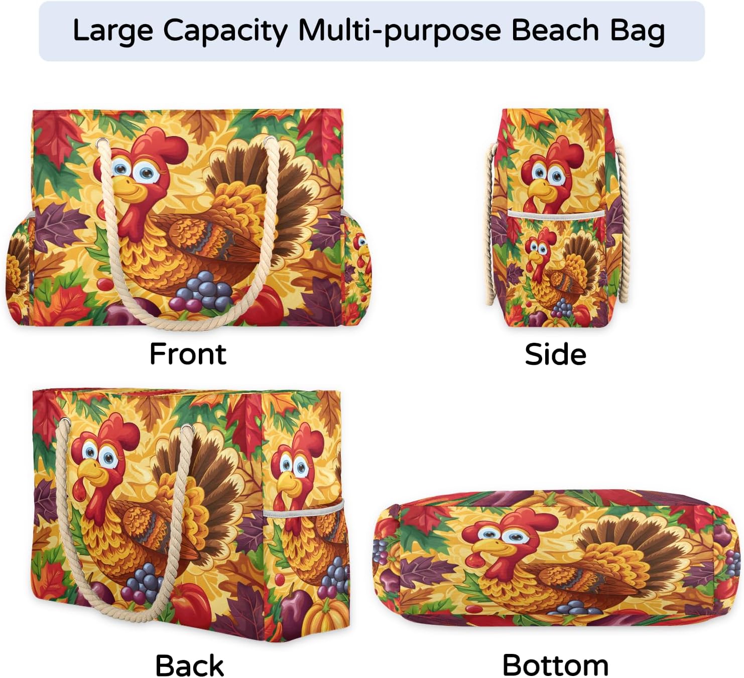 Turkey Fruit Maple Beach Bags Waterproof Sandproof for Women, Large with Zipper Pool Beach Tote Reusable Grocery Shoulder Bag for Swim Travel Shopping Vacation Picnic